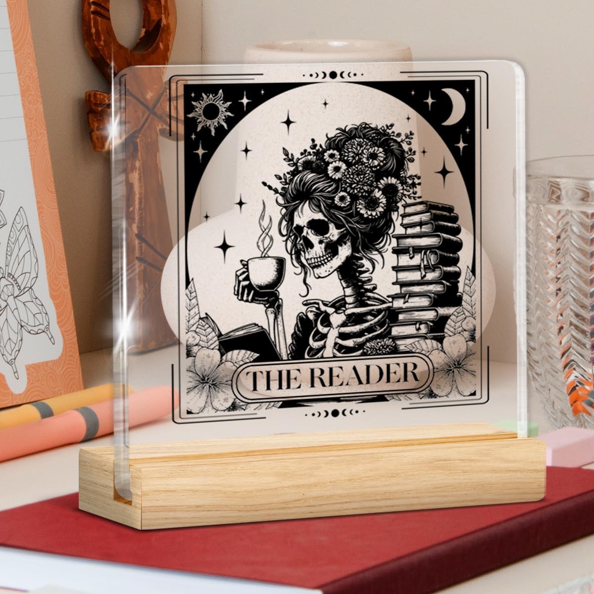 Reader Gifts for Women, Funny Gifts for Book Lovers Reading Lovers Bookworm Librarian, the Reader Tarot Card Acrylic Desk Sign Home Decor Reading Room Clear Desk Sign