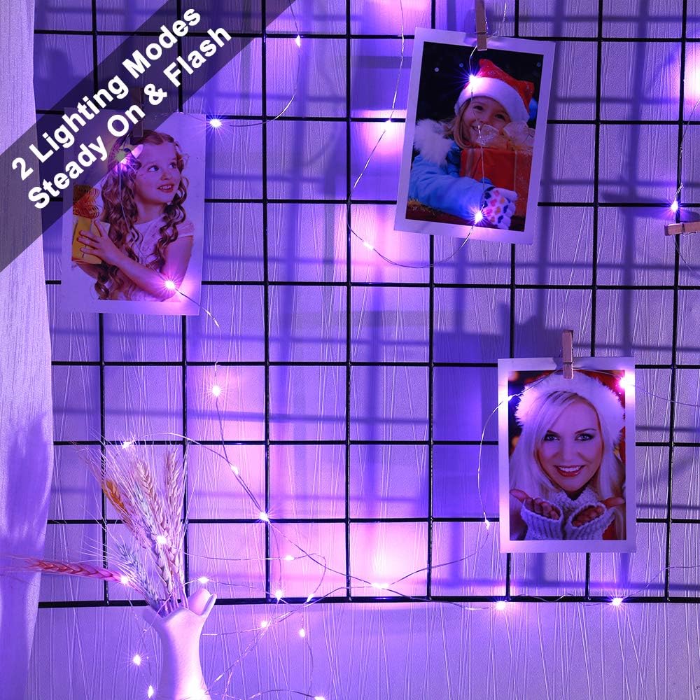 Brizled Purple Halloween Lights, 19.47ft 60 LED Purple Fairy Lights, Battery Powered Twinkle/Steady On Halloween String Lights Indoor Silver Wire Mini Starry Lights for Party, Xmas, Room Decor, 2 Pack