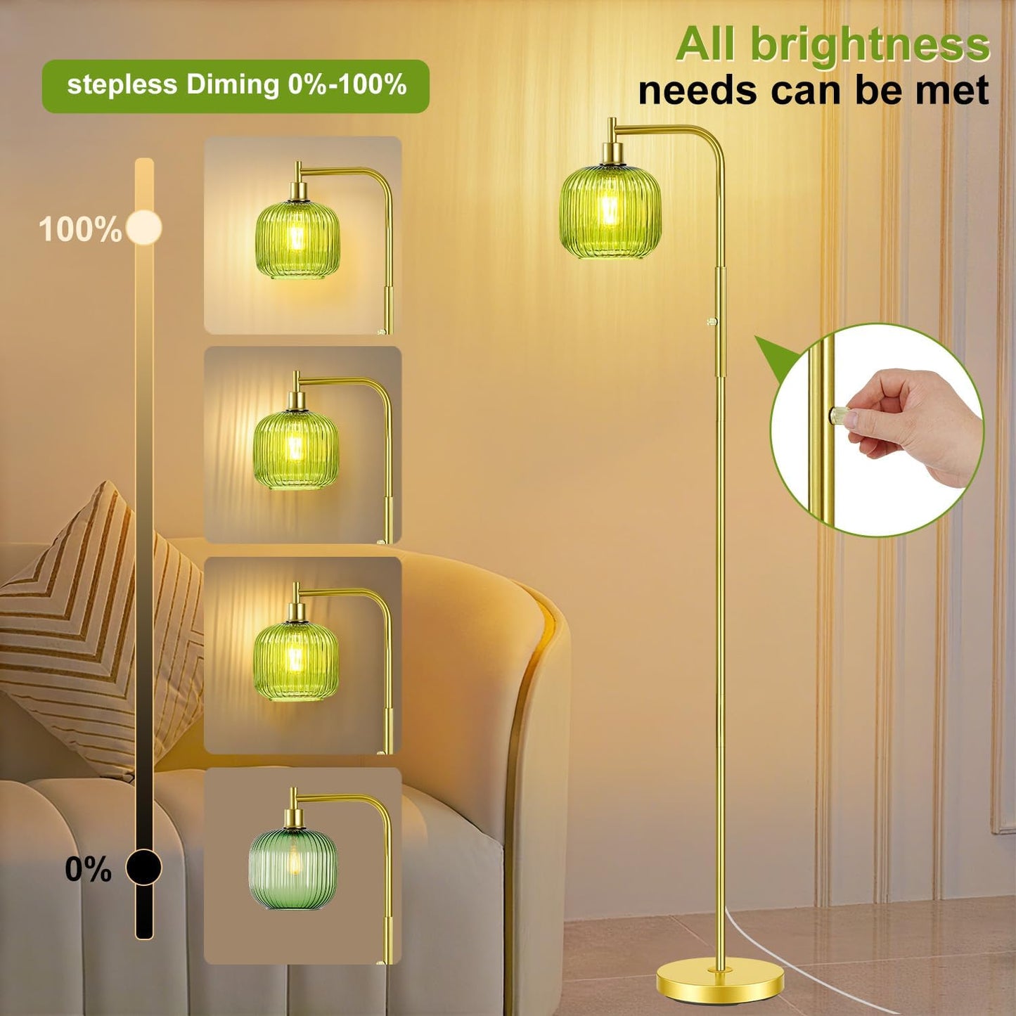 Dimmable Gold Floor Lamp with Ribbed Shade, Vintage Green Standing Lamp dimmable with Solid Base, Arc Floor Lamps Glass for Living Room, Bedroom, Office, Decorative Tall Corner Lamps Gift Use