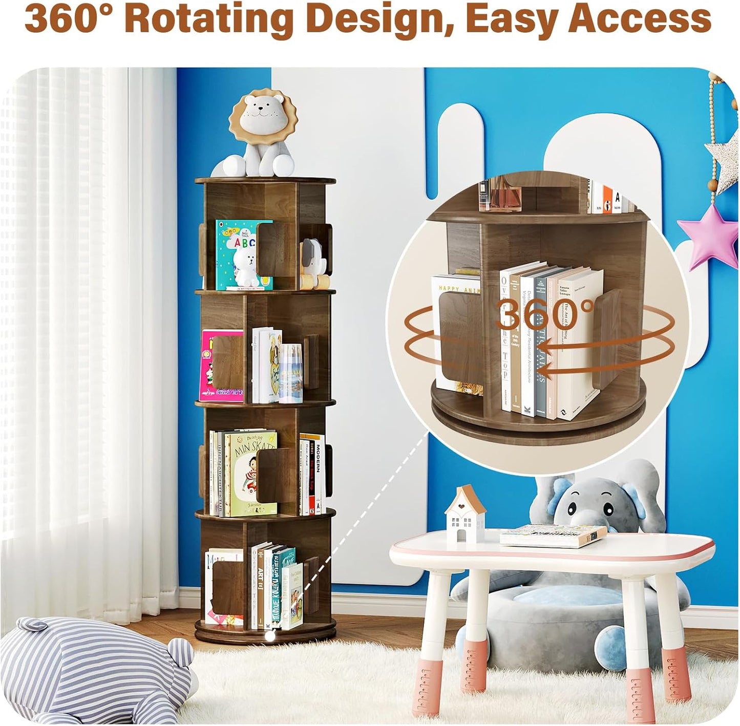 Wooden Rotating Bookshelf 4 Tier, Round Revolving Bookcase, 360° Spinning Book Shelf Tower Kids, Narrow Bookshelves Lazy Susan Organizer for Small Space, Corner, Bedroom, Living Room, Office, Walnut