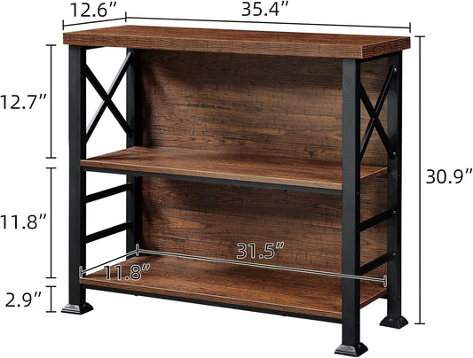 HOMBAZAAR 3-Tier Small Bookshelf, 35.4 Inch Short Book Shelf with Sturdy Metal Frame & Wood Shelves, Rustic Brown Industrial Bookcase for Living Room, Bedroom, Office