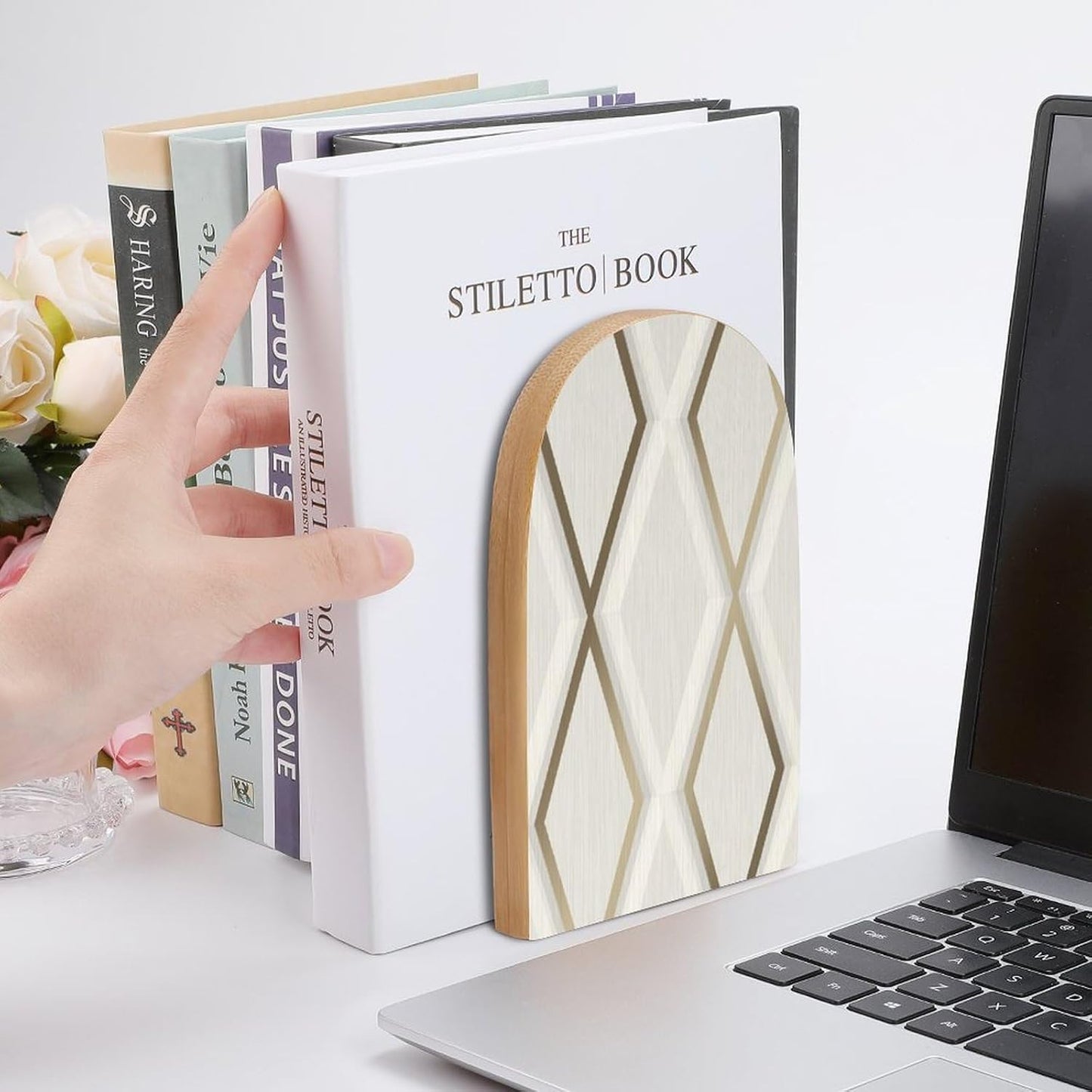 Profile Geometric Ivory Gold Wooden Bookend Non-Slip Book Ends Heavy Duty Book Stopper with Metal Base Books Holderd Decorative Bookends Stands Firmly for Office Supplies