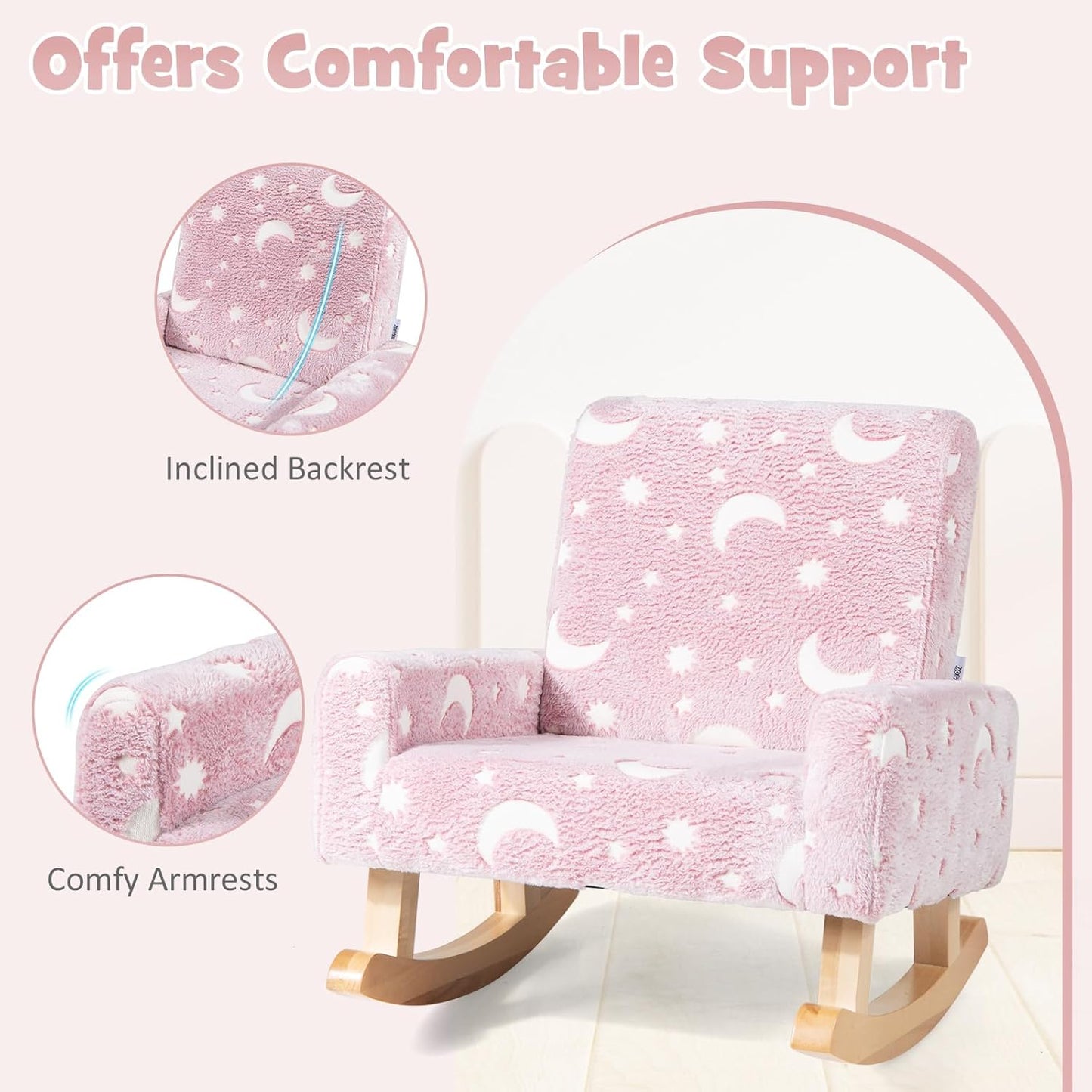 Costzon Kids Rocking Chair, Glow in the Dark, Upholstered Flannel Children's Sofa w/Poplar Wood Rocking Feet, Comfy Backrest for Kids Room, Nursery, Playroom, Preschool, Birthday Gift for Boys Girls