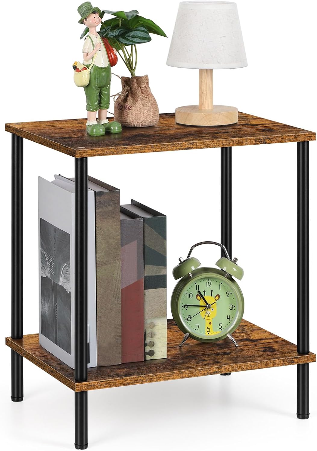 Small End Table 2 Tier Wood Metal Rustic Side Table Living Room with Storage Shelf Narrow Bedside Table for Small Spaces Bedroom Office, Brown