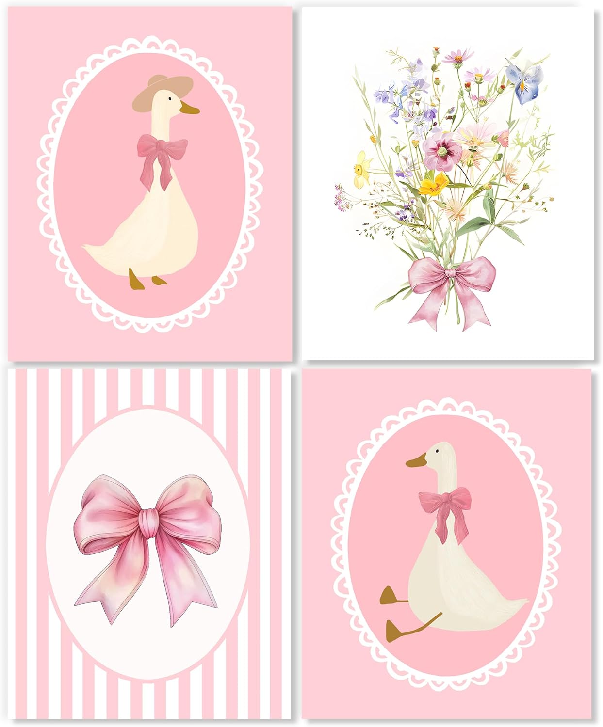LUKIPOM Coquette Pink Nursery Wall Art Posters Set of 4, Girls Room Bedroom Nursery Dorm Decor, Preppy Pink Bow Goose Wildflower Girly Canvas Prints Artwork Wall Decor, 8x10 Unframed