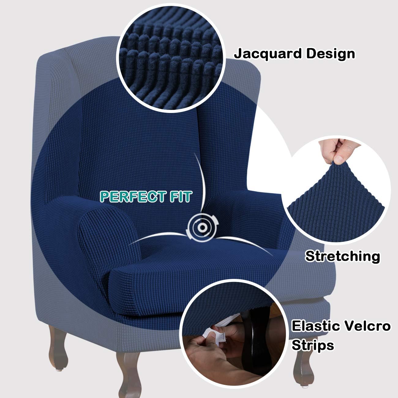 Turquoize Wingback Chair Covers 2 Piece Wing Chair Slipcover Stretch Slipcovers for Wingback Chairs Wing Chair Cover Spandex Jacquard Fabric with Elastic Bottom Non-Slip Furniture Cover, Navy