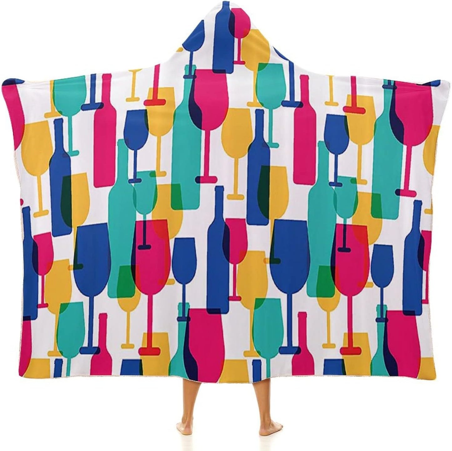 Throw Blankets, Winery Decor Wearable Hooded Blanket for Adults, Cocktail Glass and Wine Bottle Pattern Bar, Soft Warm Cozy, 50 x 60inches, Studying Reading Snuggling Napping Office, Magenta Navy