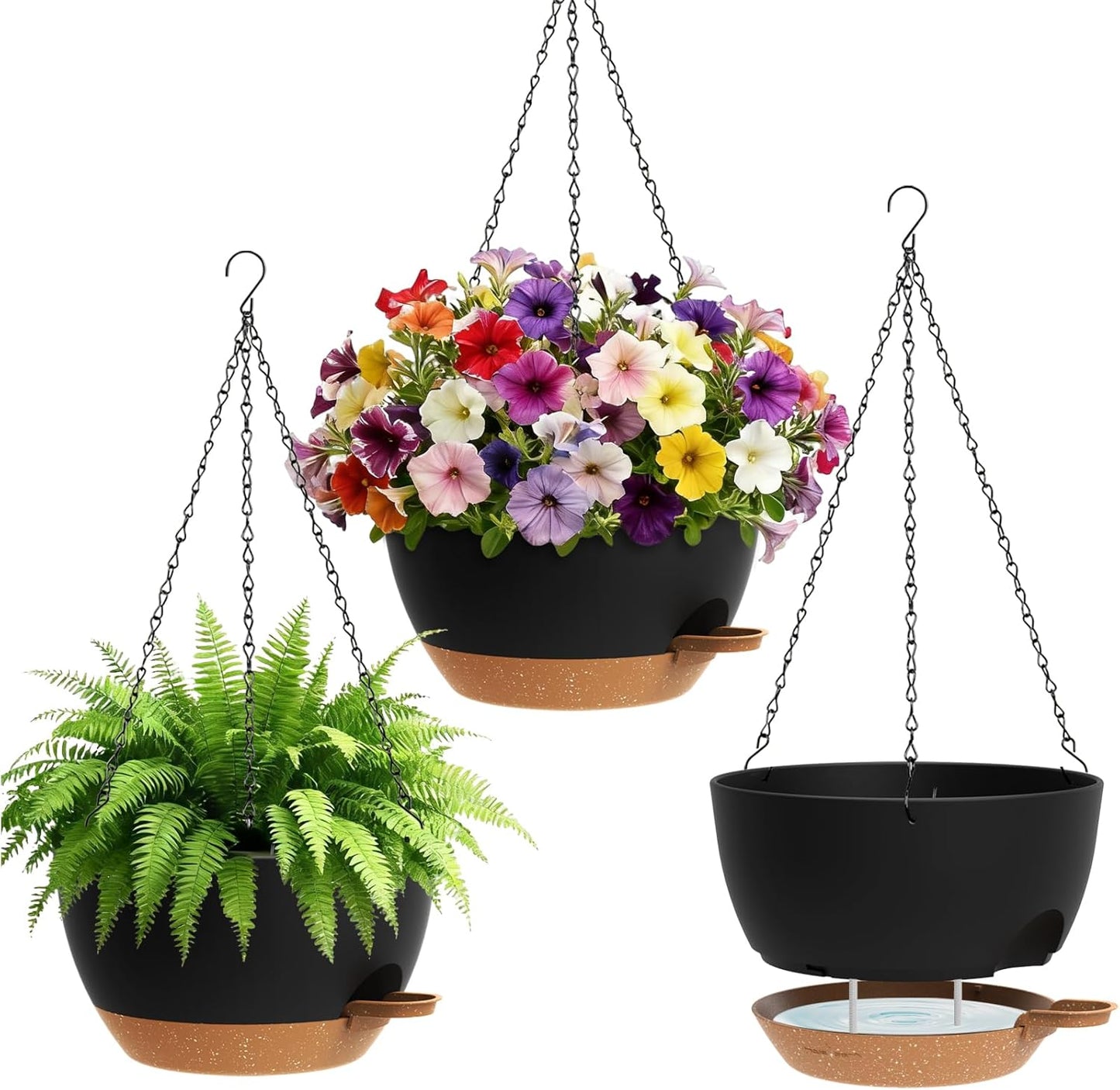 Set of 3-10 Inch Self Watering Hanging Planters for Indoor Outdoor，Hanging Plant Pots with Drainage & Removable Tray, Hanging Pots Holder for Ivy, Pothos, Ferns, Balcony & Patio, Black with Brown