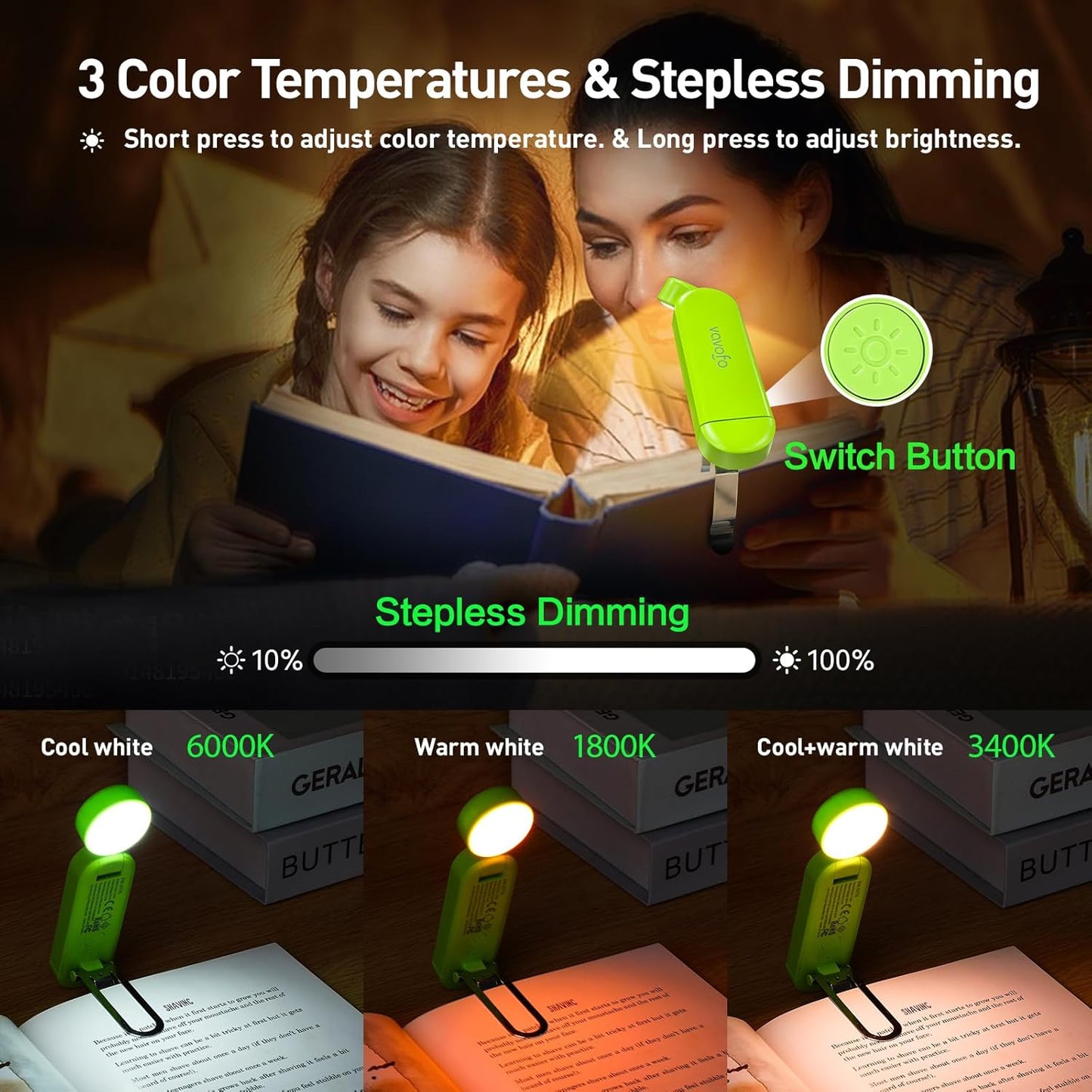 VAVOFO USB Rechargeable Book Light, Blue Light Blocking, Amber Light Clip On Bookmark Shaped Reading Light, Eye Care 6 LEDs Book Light for Bookworms Reading in Bed with 9 Lighting Modes (Neon Green)