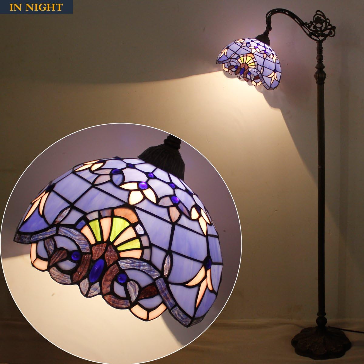 WERFACTORY Floor Lamp Tiffany Style Blue Purple Stained Glass Arched Lamp 12X18X64 Inches Gooseneck Adjustable Corner Standing Reading Light Decor Bedroom Living Room S003C Series