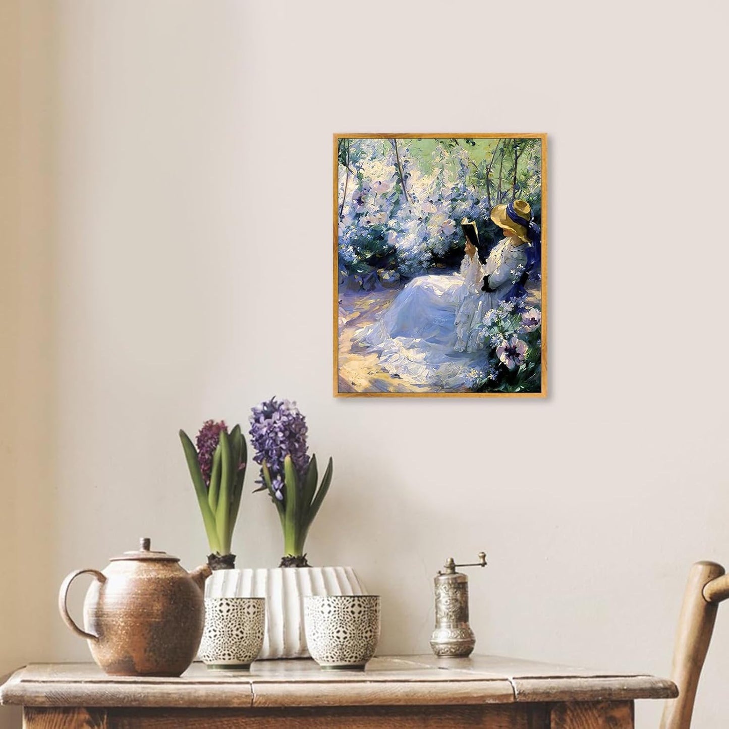 Rustic Wildflower Print Women French Painting Vintage Victorian Wall Art Purple Flower Artwork Vintage Women Picture Woman Reading Wall Art Farmhouse Women Painting Purple Landscape Picture 8x10in Framed