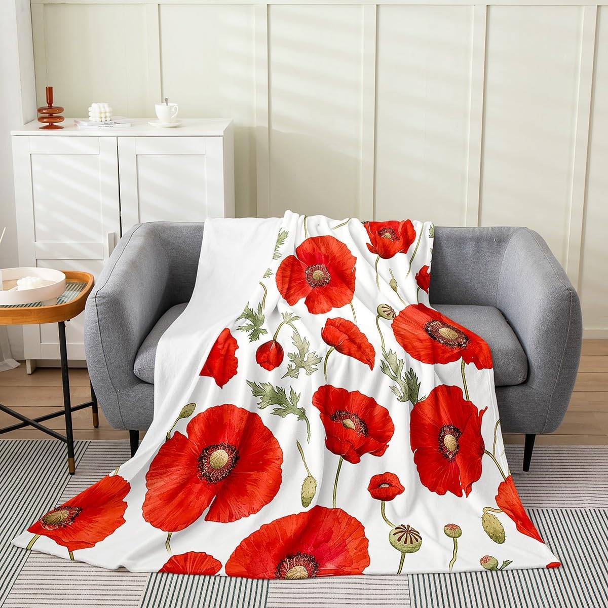 Feelyou Red Poppy Fuzzy Blanket Throw 50"x60" Floral Flower Blossom Printed Flannel Fleece Throw Blanket for Kids Boys Girls Decor Botanical All Season Bed Blanket Spring Garden Plush Blanket