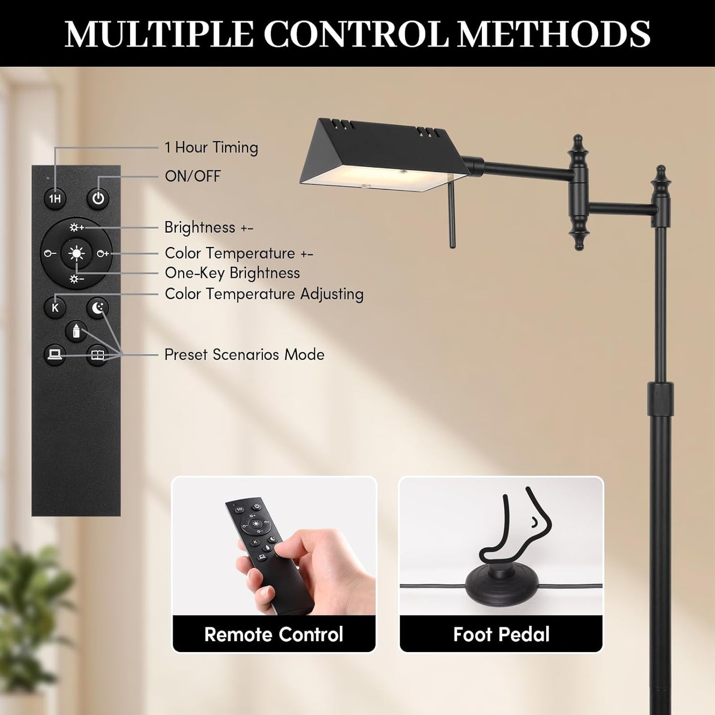 Dimmable Pharmacy Floor Lamp with Remote, 17W LED Reading Floor Lamp with 360°Swing Arm, 3 Color Temperature, Height Adjustable Black Standing Task Lamp for Living Room, Bedroom, Black