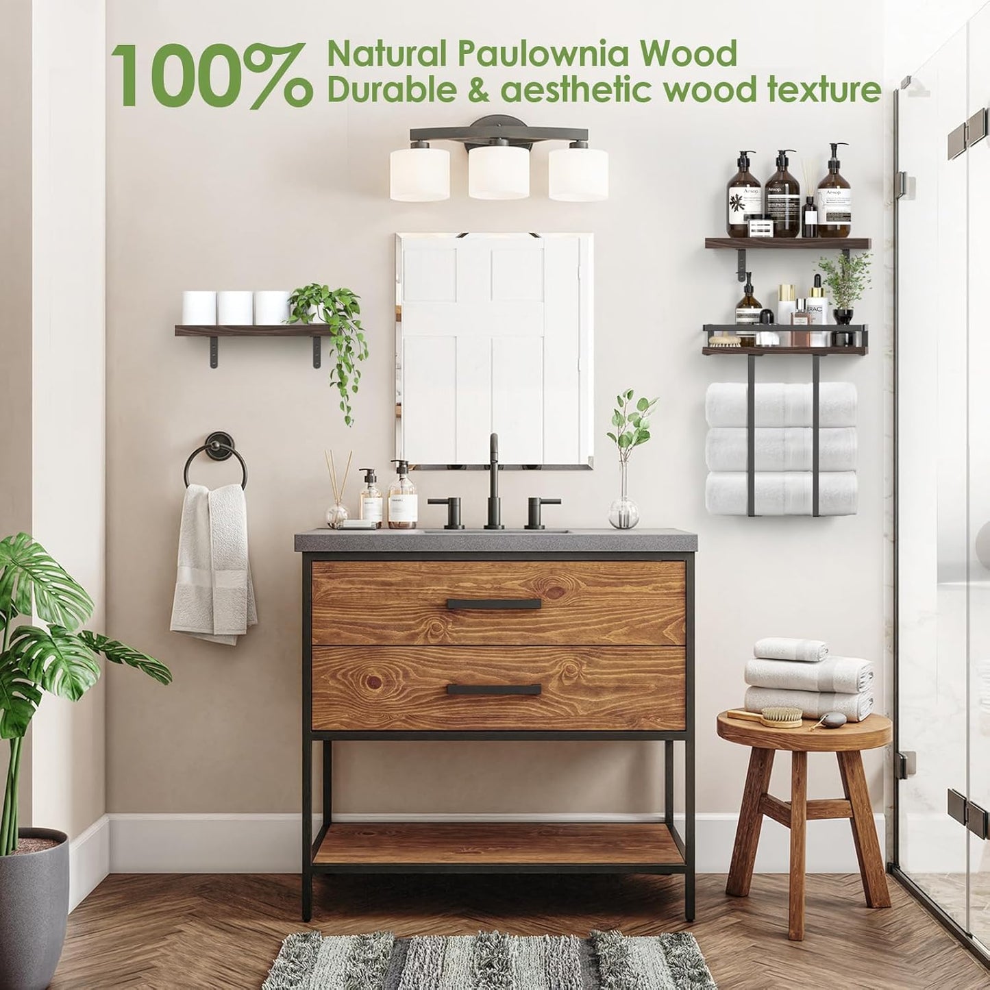 Towel Racks for Bathroom-Wall Mounted Floating Shelves for Wall Bathroom Bedroom Kitchen Living Room, Hanging Book Shelves Decor Bathroom Organizer, 16 inch Solid Wood, Carbonized Rustic Brown