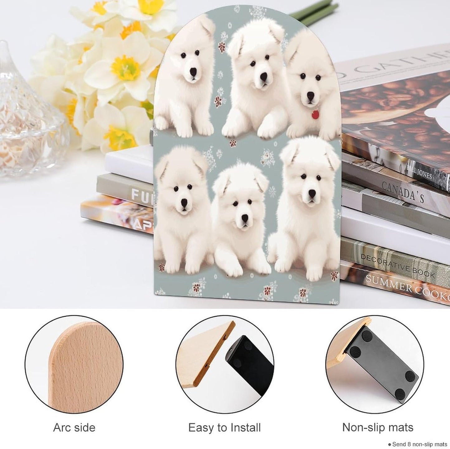 Little White Dogs Pattern Bookend for Shelves Wooden Book End Large Size Sturdy Book Holders Stoppers with Metal Base for Bookshelves Slick Decorative Bookends Stands