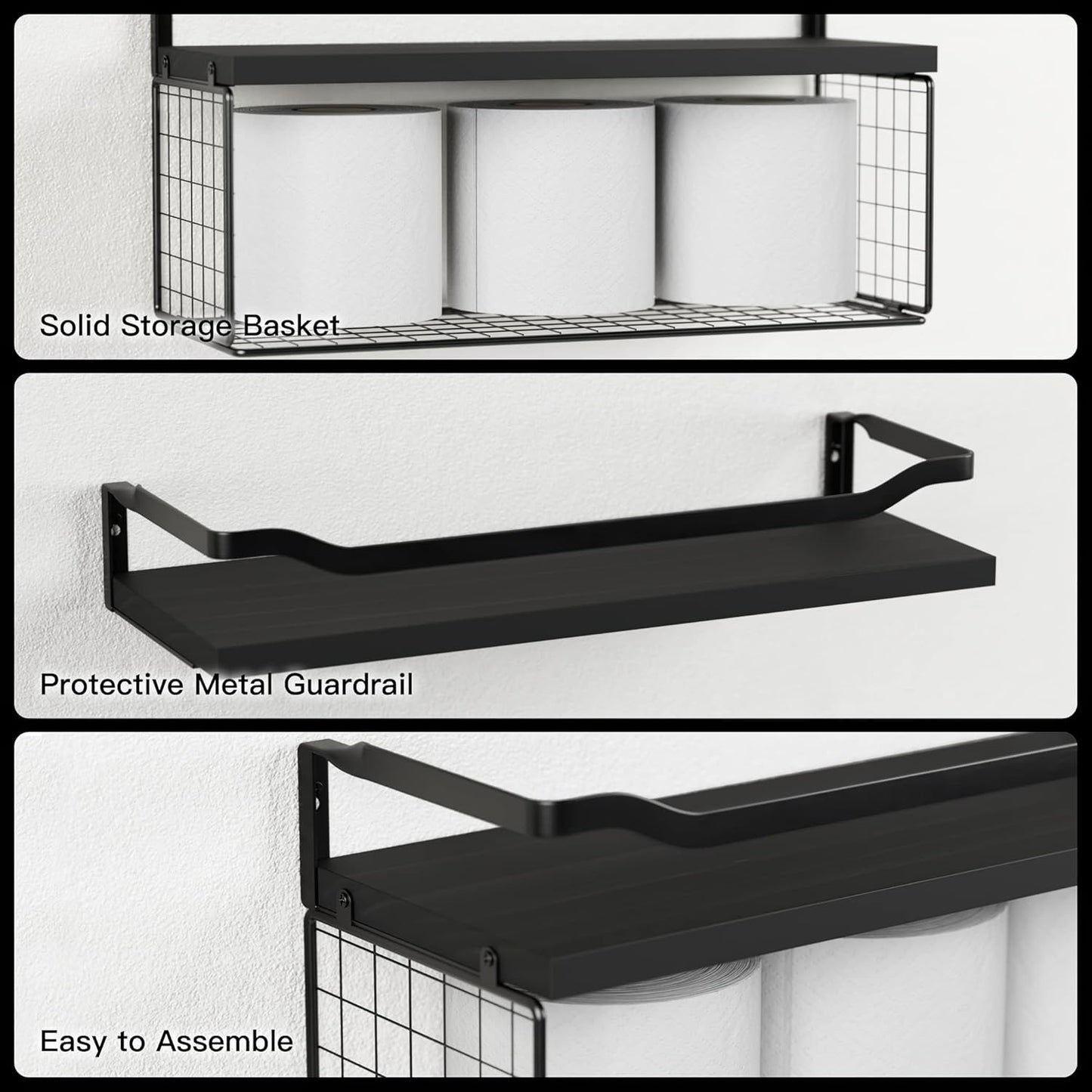 WOPITUES Floating Shelves with Wire Storage Basket, Bathroom Shelves Over Toilet with Protective Metal Guardrail, Wood Wall Shelves for Bathroom, Bedroom, Living Room, Toilet Paper-Black