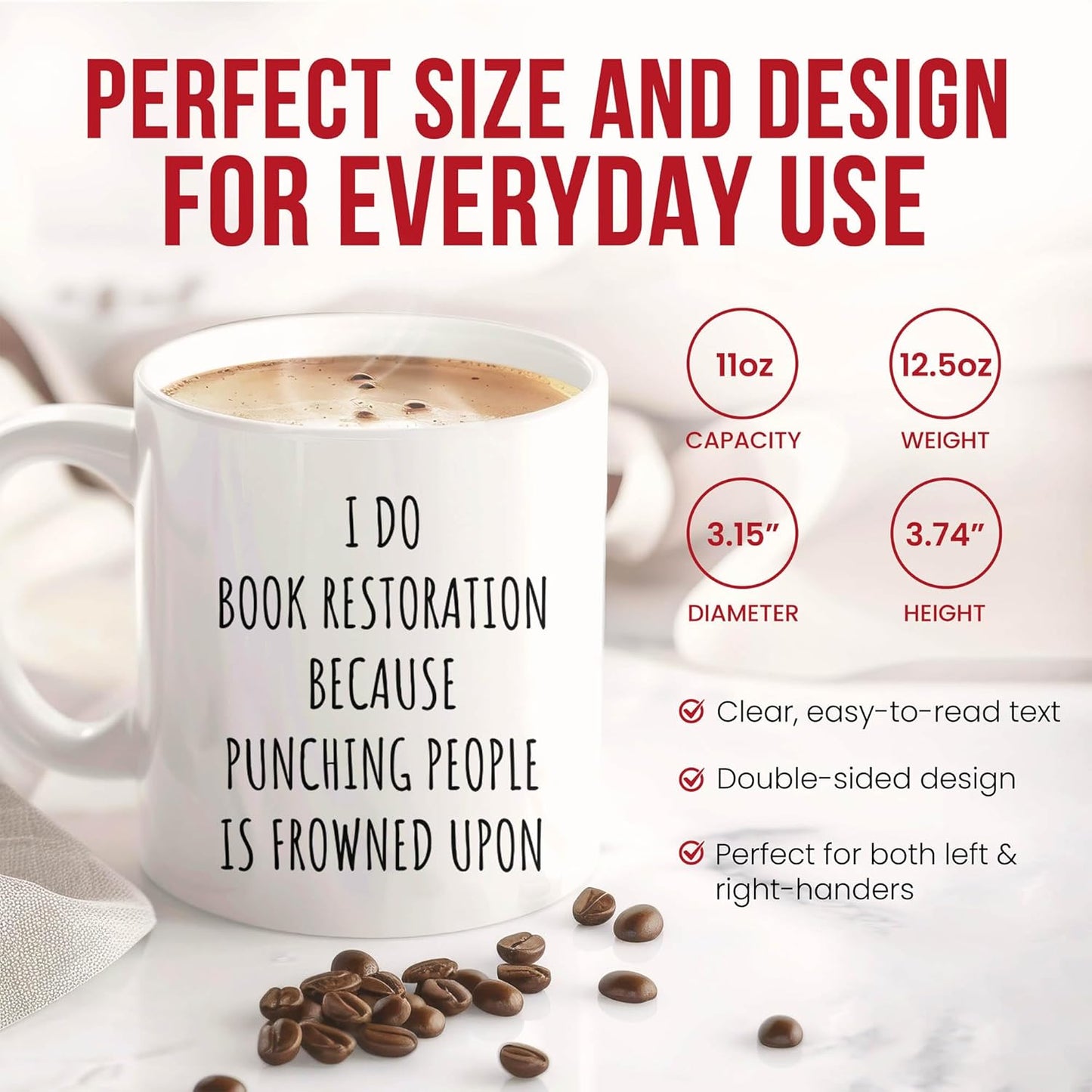 Funny Book Restoration Mug - Literary Enthusiast Coffee Cup - Bibliophile Funny Gift From - Repair Tea Mugs - Page Turner Cups - 11 Oz Ceramic Gifts For Birthday, Him, Her, Reading Day, Library