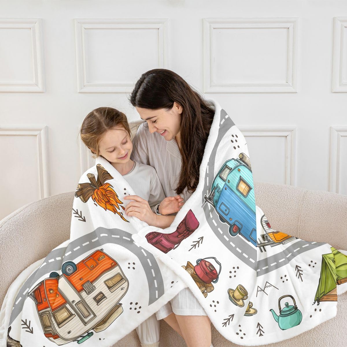 Feelyou Cute Rv Camping Camper Sherpa Throw Blanket for Couch Wildlife Animal Bear Super Soft Cozy Fleece Camping Adventure Blanket for Winter, Plush Throw Throw 50"x60" All Season