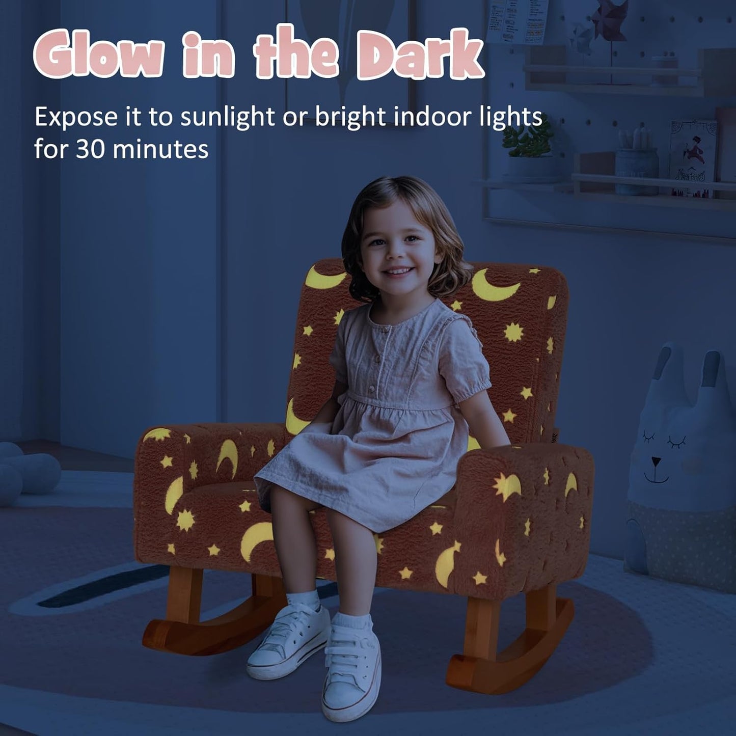 Costzon Kids Rocking Chair, Glow in the Dark, Upholstered Flannel Children's Sofa w/Poplar Wood Rocking Feet, Comfy Backrest for Kids Room, Nursery, Playroom, Preschool, Birthday Gift for Boys Girls