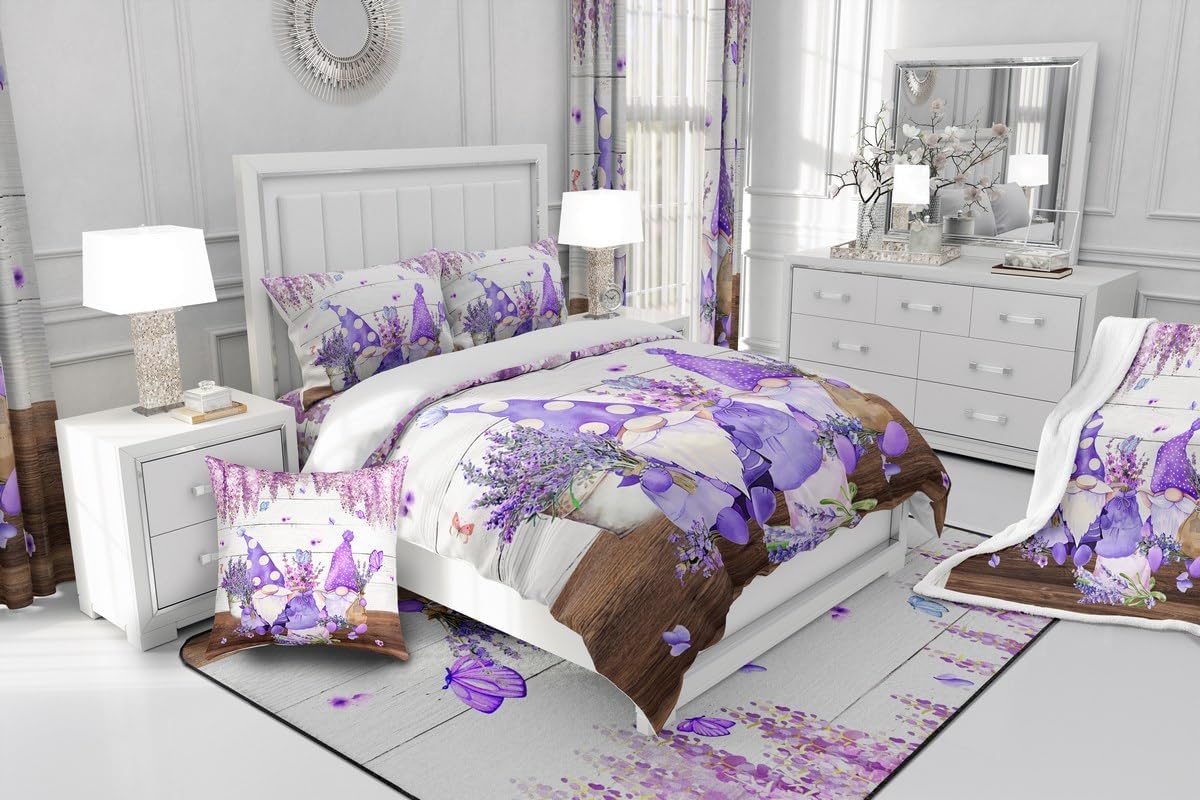 Manfei Cute Gnomes Throw Blanket Purple Vine Flower Butterfly Blanket for Couch Sofa, Lavender Bouquet Bed Blanket for Kids Boys Girls, Soft and Breathable Fleece Blanket(50 x 60 Inches)