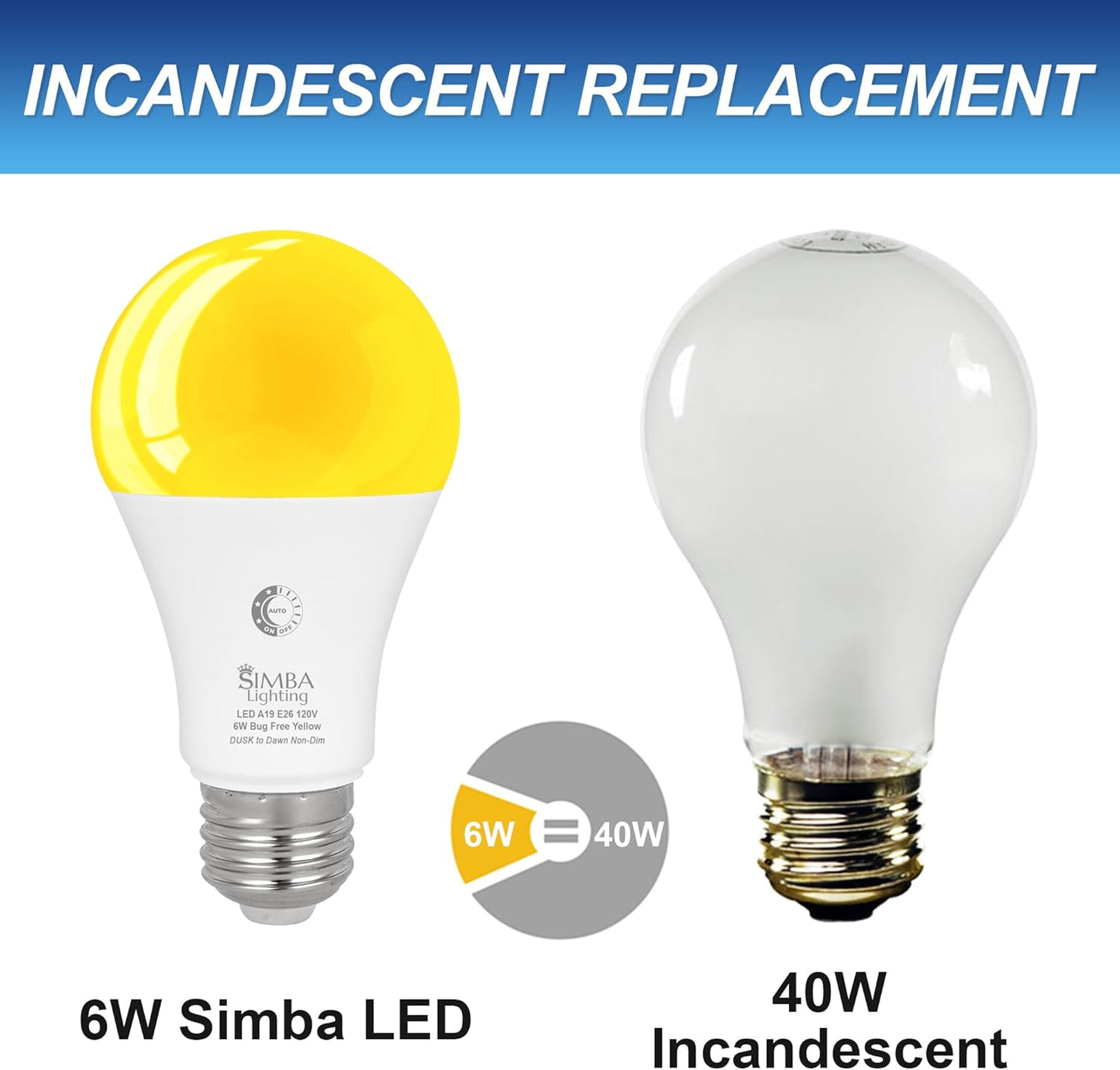 Simba Lighting Bug Non-Attracting Yellow LED Bulb 6W 40W Equivalent (4 Pack), Great for Outdoor Porch Light, Night Light, Dusk-to-Dawn Smart Sensor Auto On/Off, Amber Warm Light, A19 E26 Medium Base