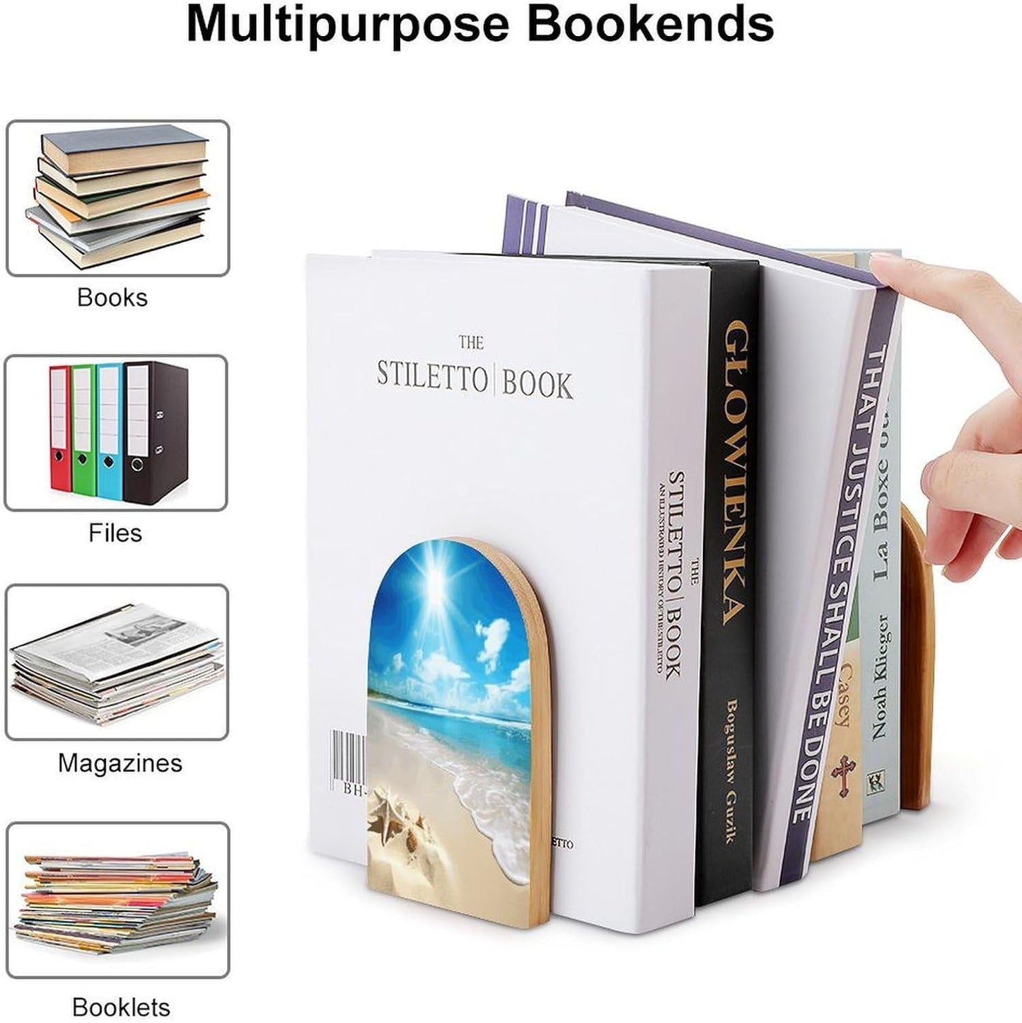 Bright Sunshine Summer Beach Bookends 1 Pair Heavy Duty Book Ends for Shelves Non-Skid Bookend Supports Wooden Book Holders with Metal Base Desk Organizers Books Storage to Hold Books