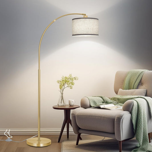 Gold Arc Floor Lamp for Living Room, Floor Lamp with Adjustable Drum Lampshade, Modern Tall Standing Lamp with Foot Switch, Over Couch Arched Pole Lamps for Reading Bedroom, 8W LED Bulb Included
