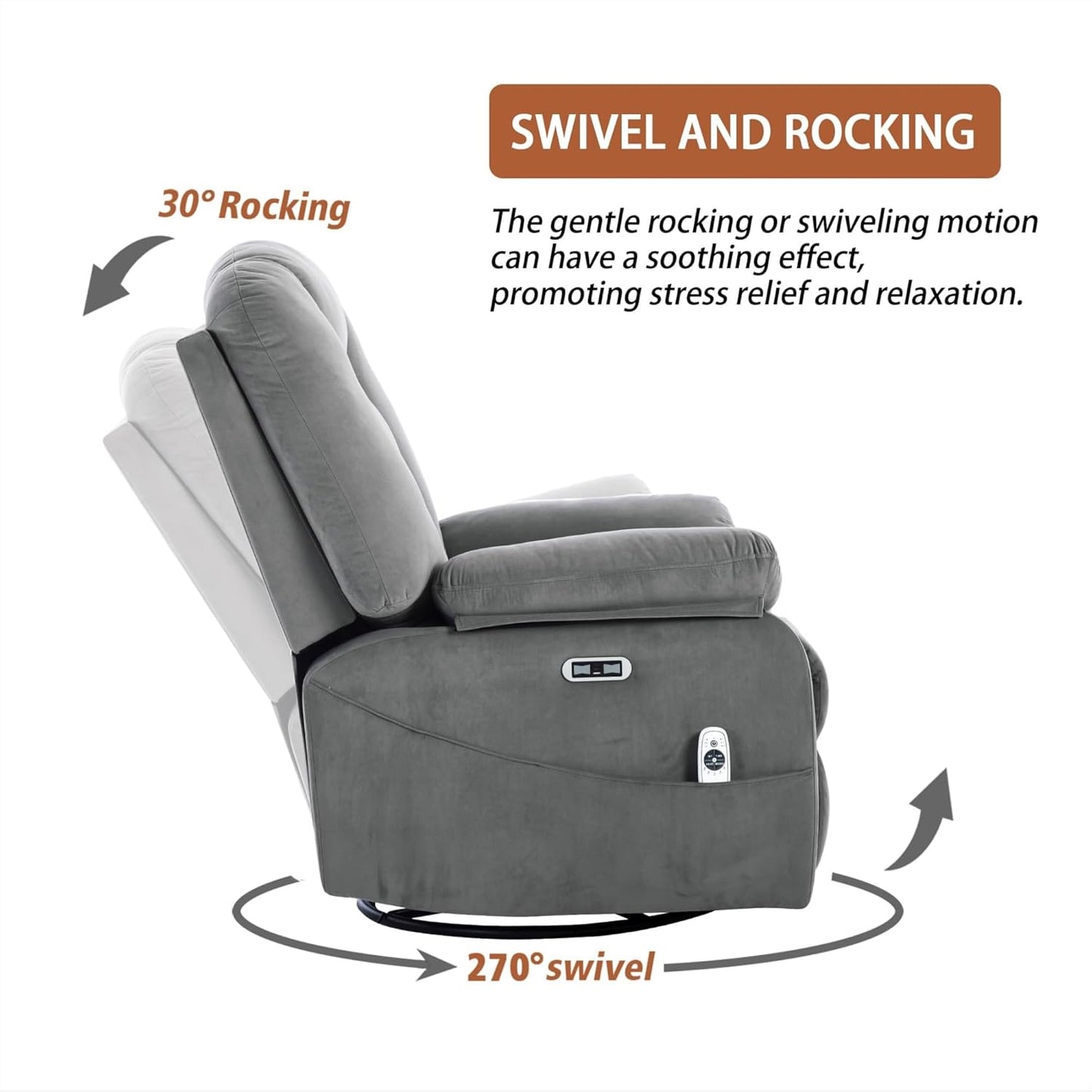 Velvet Grey Soft Fabric Power Swivel Rocker Recliner with Massage Heat USB Type C Port Infinite Position Electric Glider Chair Living Room