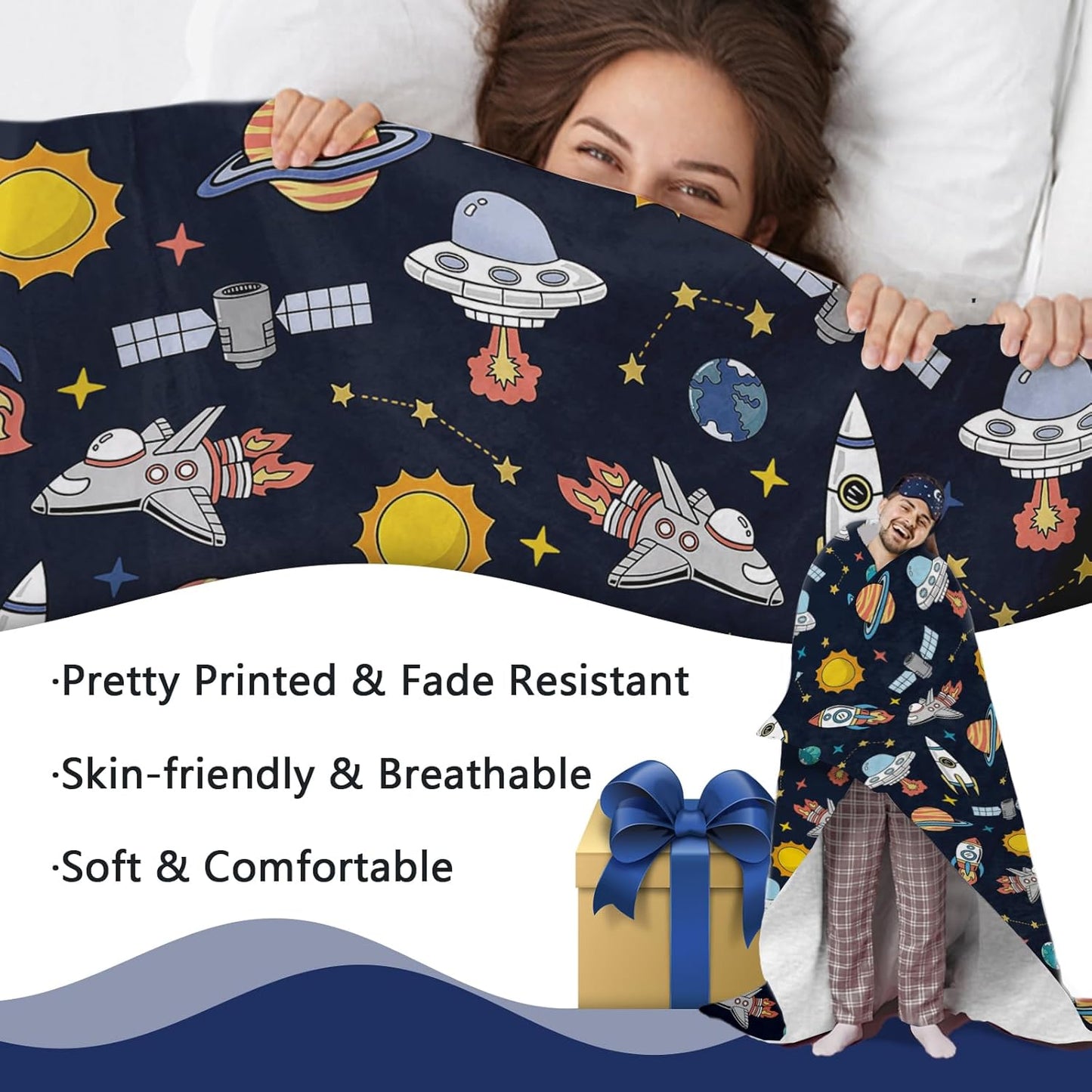 Out Space Flannel Throw Blanket, Planet Rocket Spacecraft Gifts for Kids Boys Baby, Galaxy Sun Stars Birthday Ideas, Soft Blankets Present for Children Teens 50'' x 60''