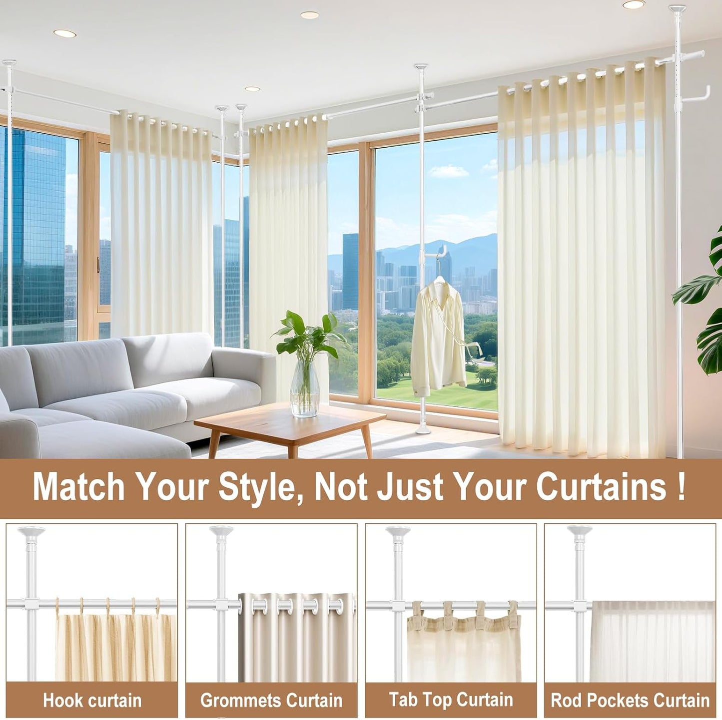 Seamless Room Divider Curtain Rod - No Drilling Space Partition Adjustable Privacy Separator, 4-10ft(H) 28-161inch(W) Adjustable, Heavy Duty Freestanding Tension Curtain Stand, White