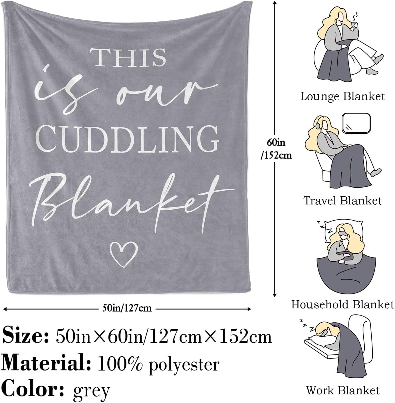 Pubrave Gifts for Her/Him/Girlfriend/Boyfriend/Wife/Husband, Anniversary Christmas Wedding Engagement Gifts for Couples/Women/Men, Romantic Couple Cuddling Blanket Grey 60x50in
