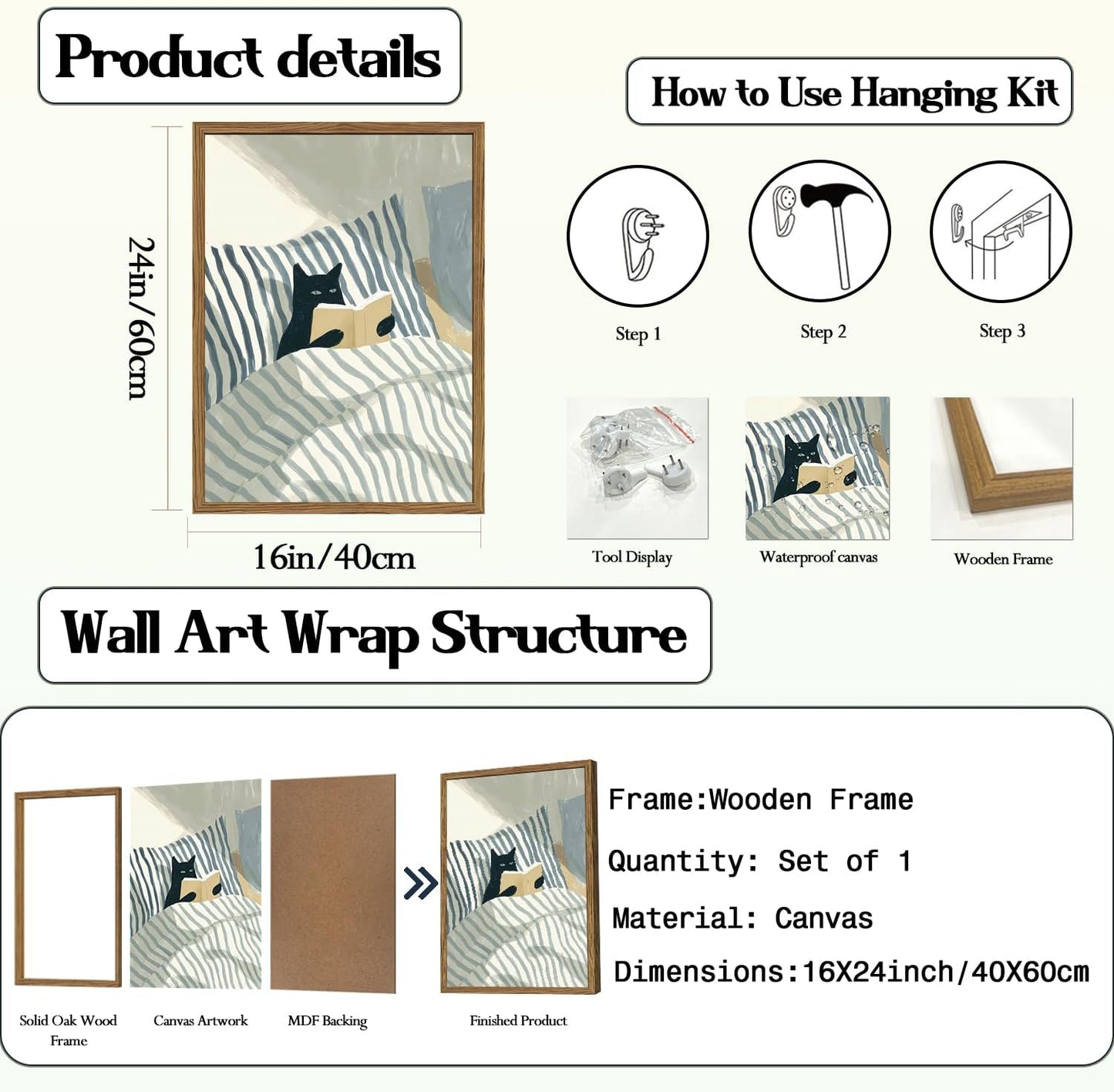 Funny Black Cat Wall Art Painting, Whimsical Cat in Stripe Bed Reading Wall Decor, Cute Animal Book Lover Blue and White Poster Canvas Prints for Bedroom Living Room 16x24 inch Wood Framed