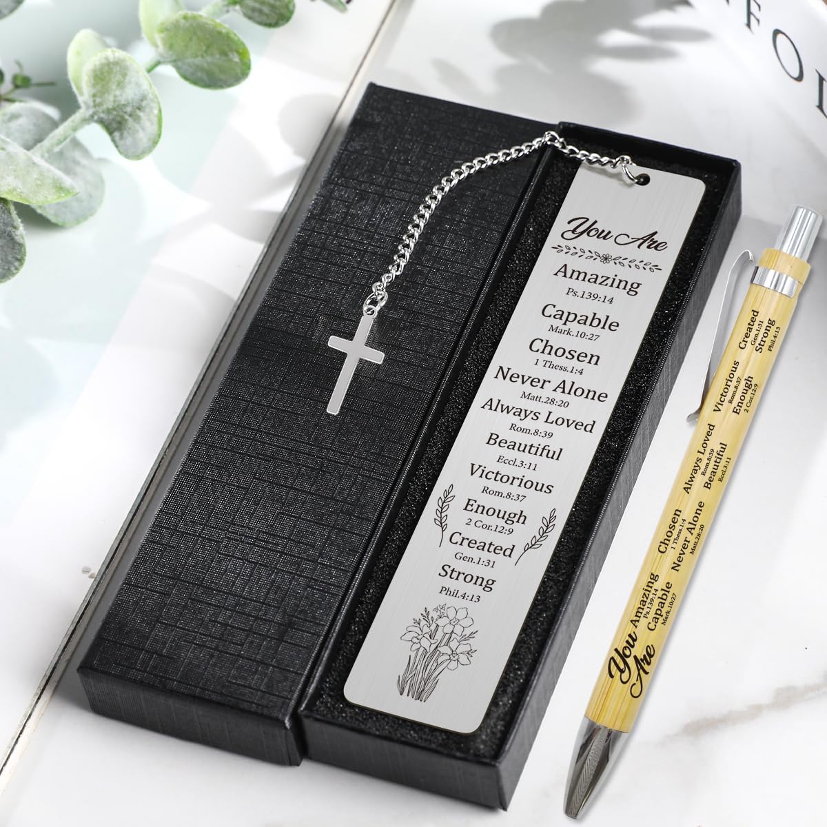 Christian Bible Bookmark with Pen – Religious Metal Bookmark for Women, Inspirational Scripture Gifts, Confirmation Baptism Birthday Gift for Teen Girls, Church Gifts for Her