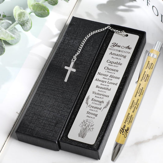 Christian Bible Bookmark with Pen – Religious Metal Bookmark for Women, Inspirational Scripture Gifts, Confirmation Baptism Birthday Gift for Teen Girls, Church Gifts for Her