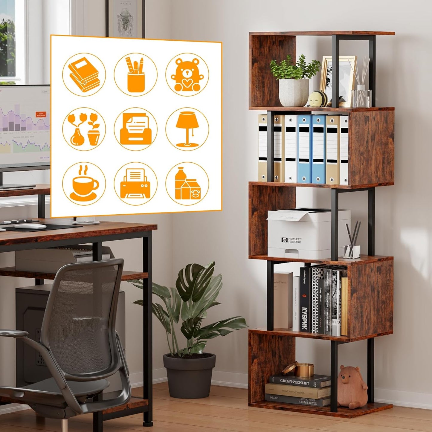 Furologee 6 Tier Bookshelf, Tall S Shaped Geometric Bookcase, Modern Display Shelf Standing Unit, Wood Metal Decorative Divider Rack for Living Room Bedroom Office, Rustic Brown | Tall, Bookcase, Display, Book Shelf, Decorative, Bookshelves