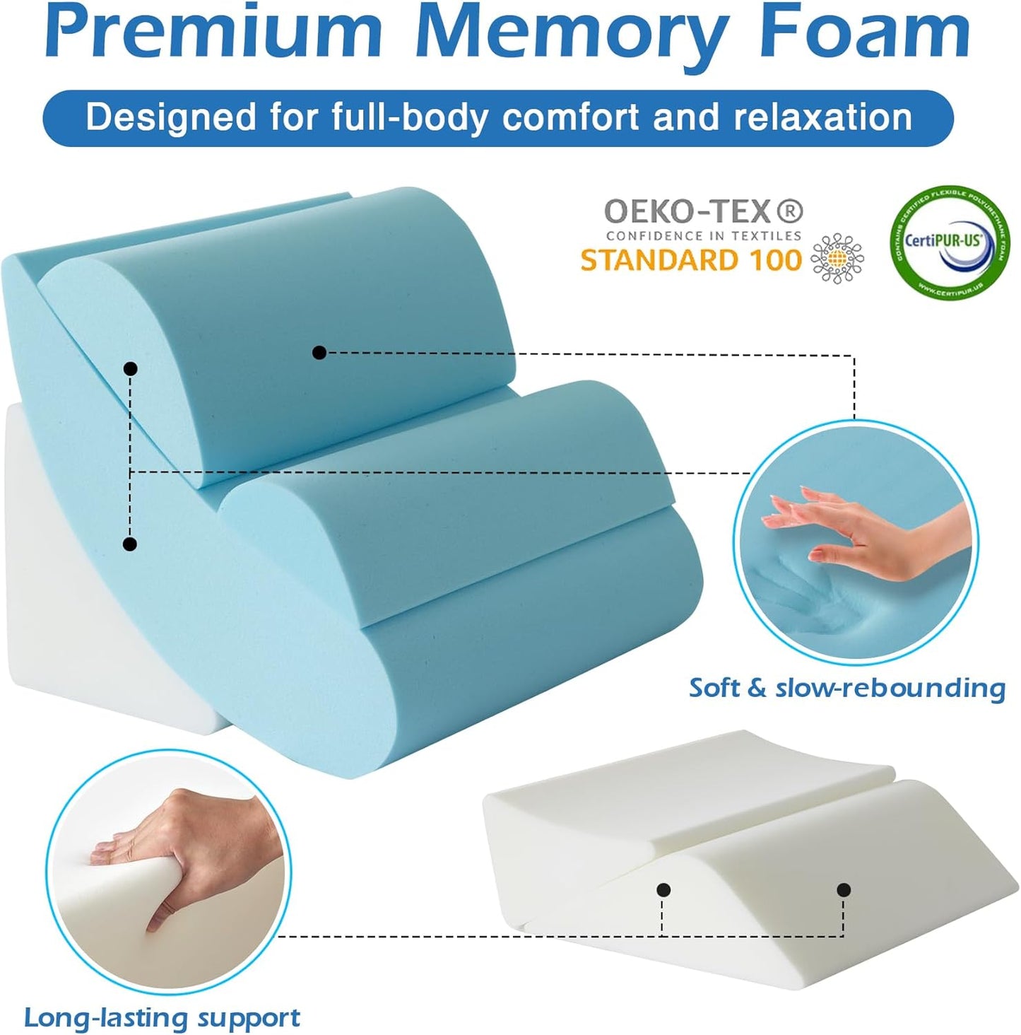 6PCS Wedge Pillow Set for After Surgery, Orthopedic Bed Wedge Pillow for Headboard, Memory Foam Back Pillow for Bed Sitting Up, Sit Up Pillow for Acid Reflux Relief, GERD, Anti Snoring (White)
