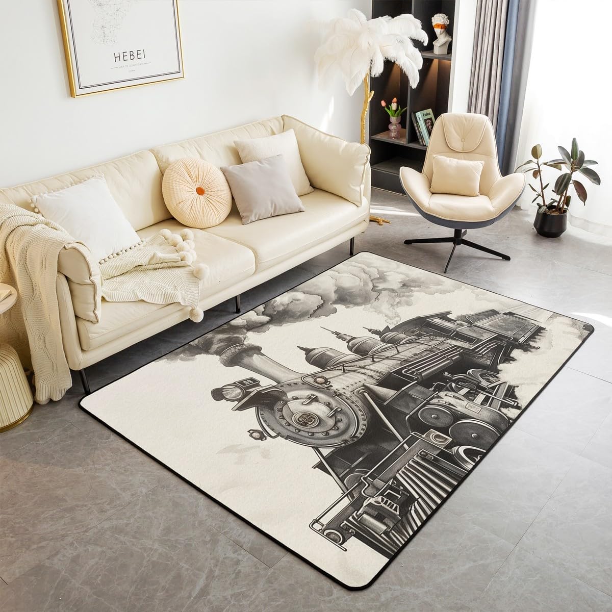 Erosebridal Vintage Train Carpet 4'11" x 3'3" Train Country Locomotive Area Rug for Kids Teens Adults Wooden Wagons Indoor Floor Mat Rail Road Smoke Decorative Washable Rug