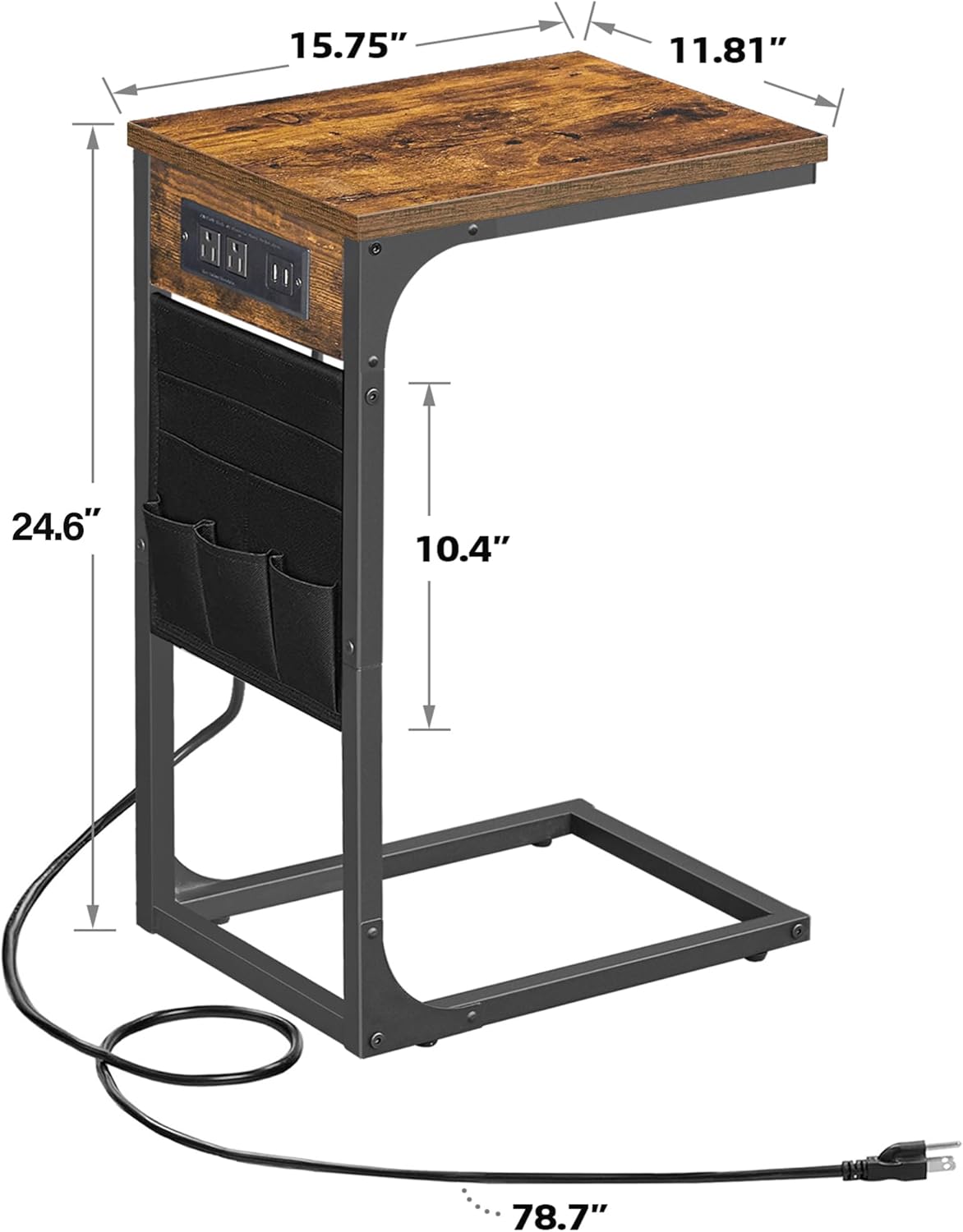 C-Shaped End Table with Charging Station — Storage Bag, 2 USB Ports, AC Outlets, for Living Room / Bedroom...