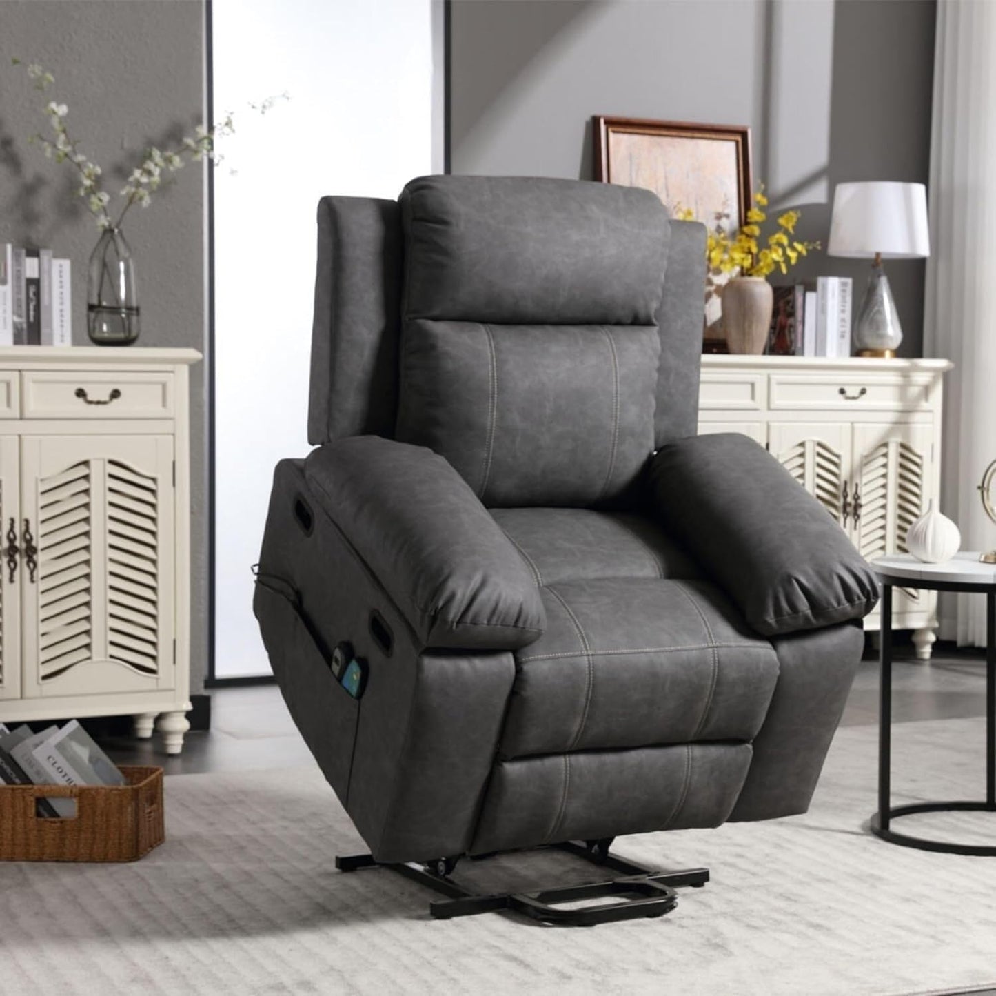 Electric Power Lift Recliner with Massage & Lumbar Heat – Gray Leather Sofa with Remote Control, Cupholders, USB Ports, Comfort for Elderly & Living Room