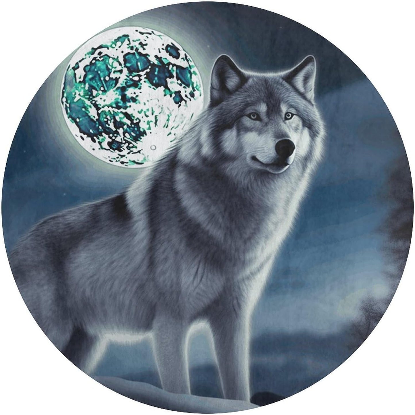 Wolf Under Moon Circle Rug Retro Luxury Coral Velvet Floor Mat Non Slip Soft Indoor Floor Carpet Comfy Thickened Area Rugs Modern Aesthetic Minimalist Carpets for Home Decor