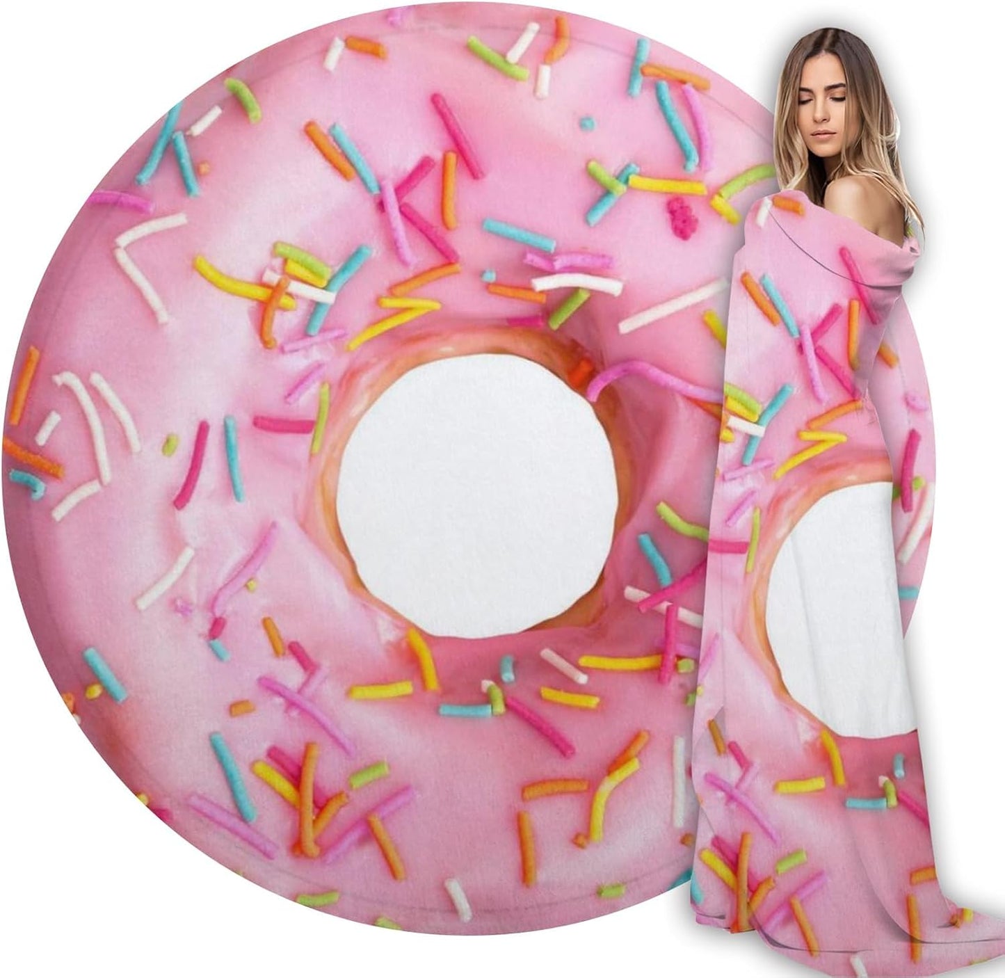Cute Pink Donuts Funny Blanket for Girls Novelty Realistic Food Throws Soft Cozy Flannel Round for Nap, Home Decor, Party Kids Child Gifts 47 Inches