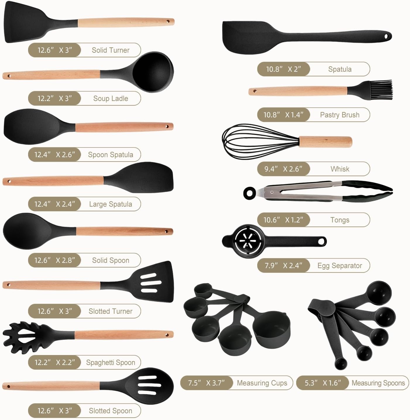 Kitchen Utensils Set - 34 PCS Non-Stick Silicone Cooking Utensils Set Spatula Set with Holder, Wooden Handle Spoon,Brush,Whisk Kitchen Gadgets Tools Set for Nonstick Cookware (Black-34P)