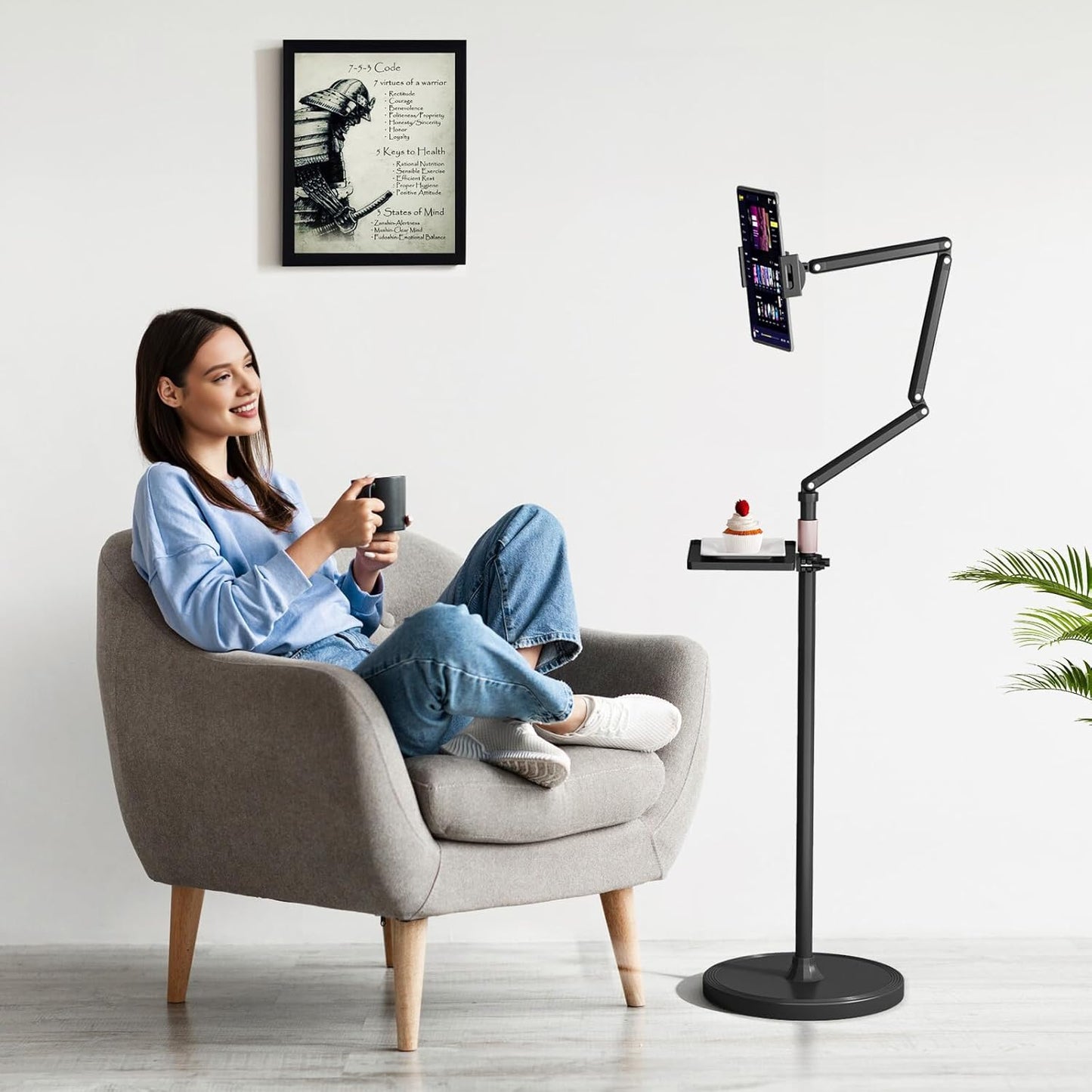 Houele Tablet Floor Stand with Removable Tray, iPad Floor Stand Holder for Bed, Height Adjustable Tablet Mount iPad Holder for 4.7”-15.6” Tablets iPads and Phones