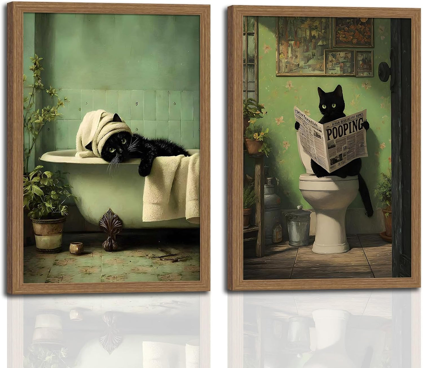 Framed 2Pcs Funny Green Bathroom Wall Art Cute Black Cat Painting Vintage Humor Ainimal Picture Prints Wall Decor with Wood Frame for Bathroom Ready to Hang 16x24 Inches