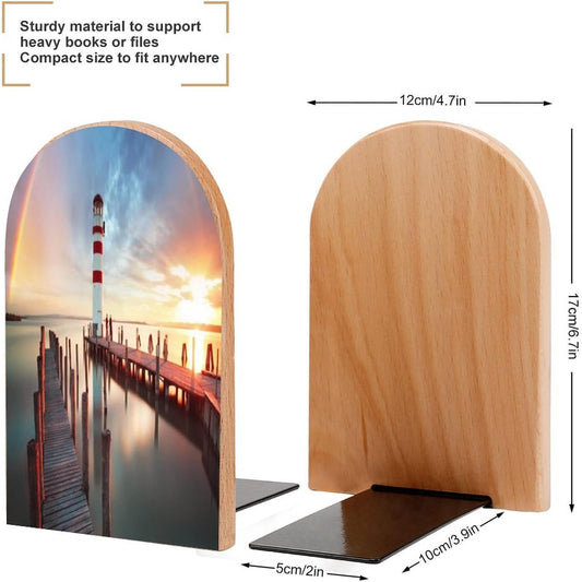 Rainbows Lighthouse Seaside Wooden Bookend Non-Slip Book Ends Heavy Duty Book Stopper with Metal Base Books Holderd Decorative Bookends Stands Firmly for Office Supplies