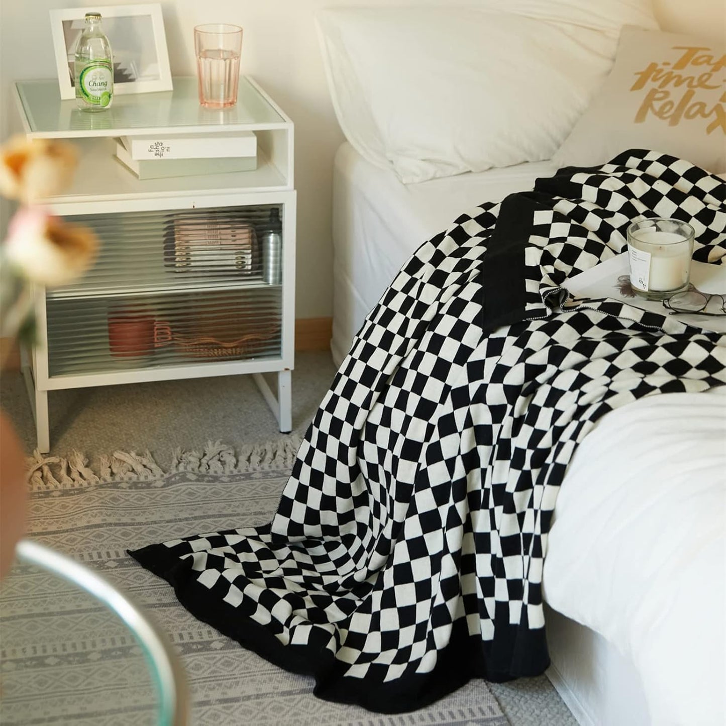 YIRUIO 100% Cotton Checkered Throw Blanket Lightweight Breathable Ultra-Thin Knit Weave for Bed Couch Sofa Soft Cozy Cooling for Spring Summer Black 60x80 inch