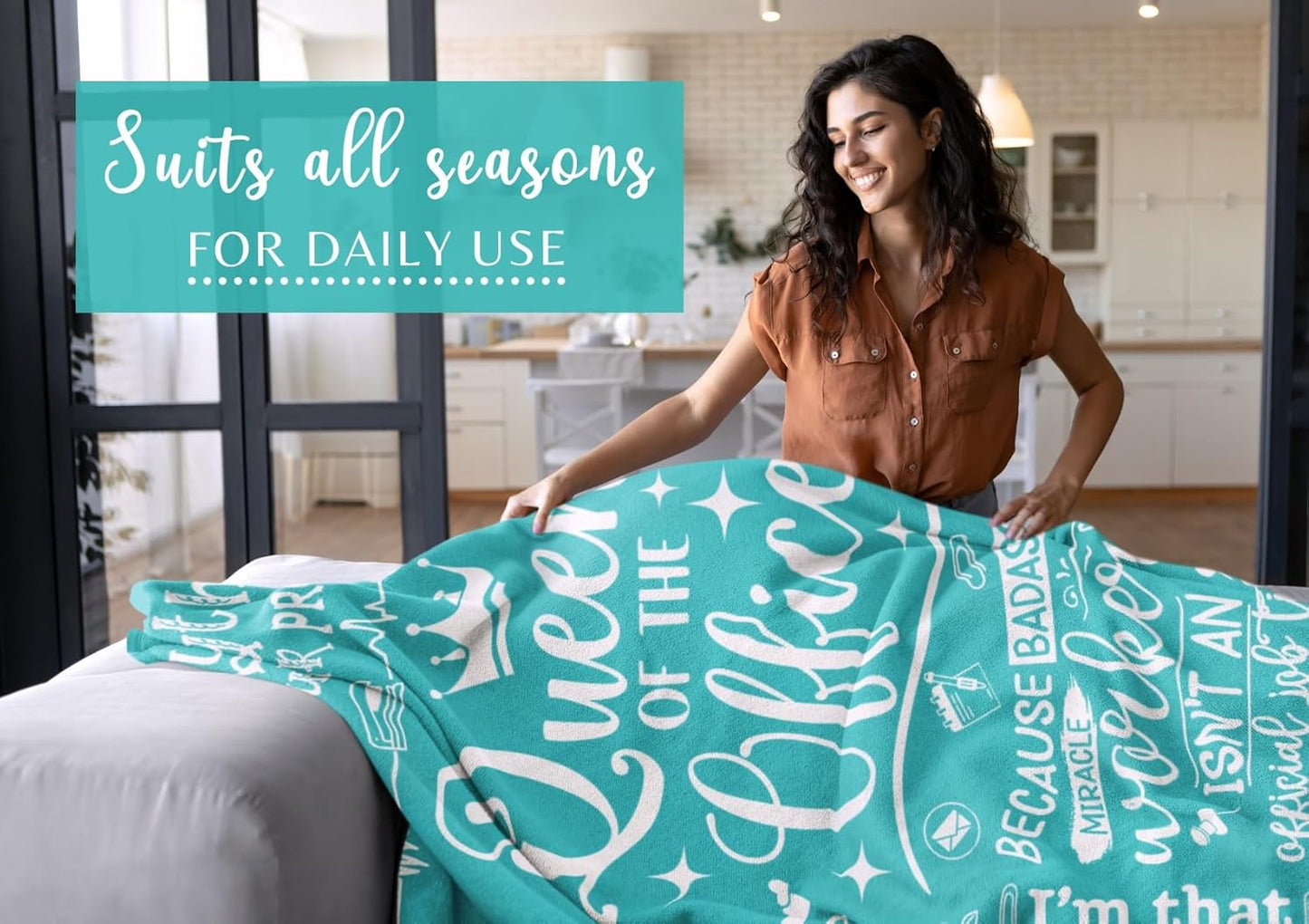 Secretary Gifts for Woman, Throw Blanket for Secretaries' Day Administrative Professional Day Gifts for Appreciation, Christmas, Birthday - 50" x 65" Queen of The Office Teal