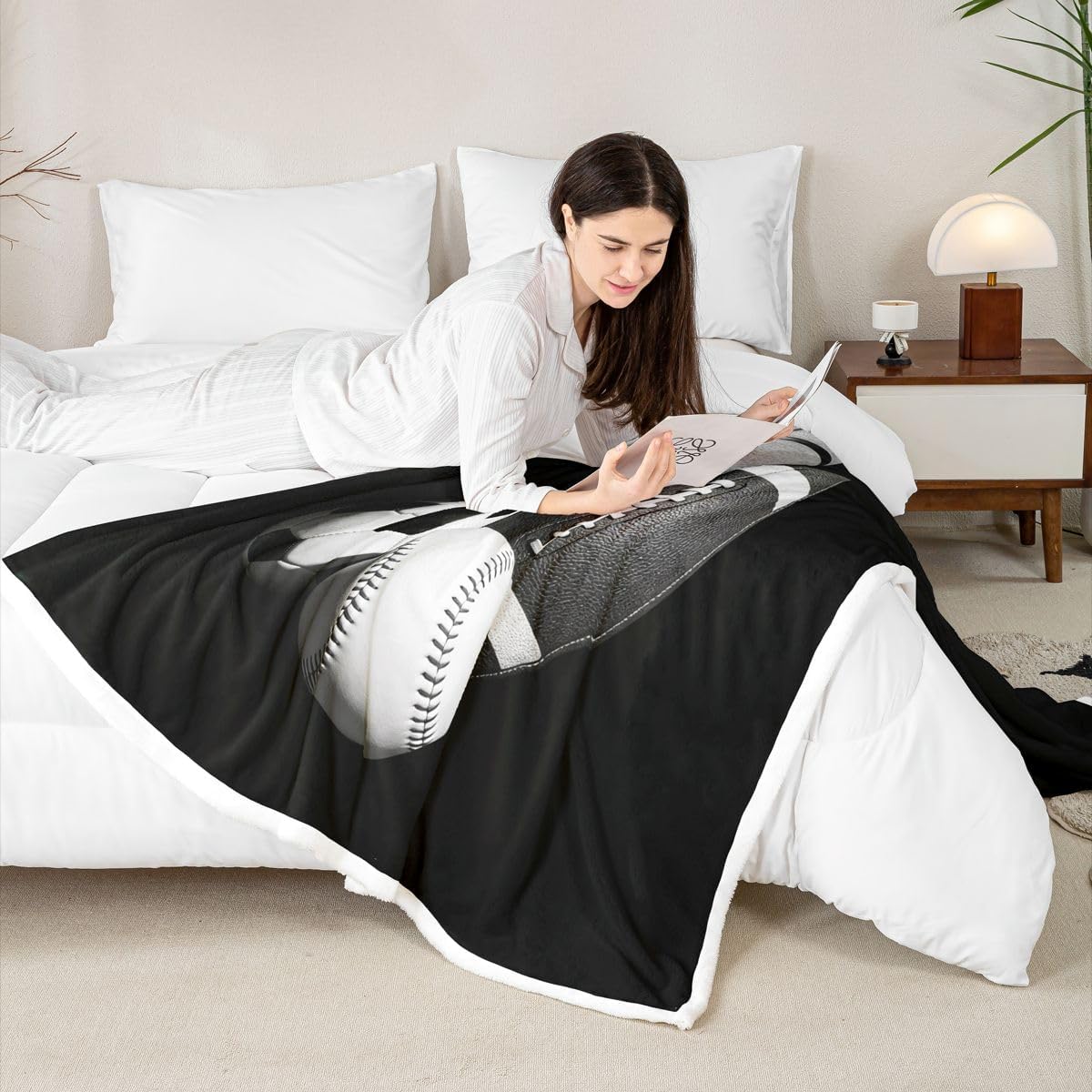 Feelyou Sports Sherpa Throw Blanket for Couch Football Super Soft Cozy Fleece Black White Baseball Blanket for Winter, Plush Throw Soocer Basketball Baby 30"x40" All Season