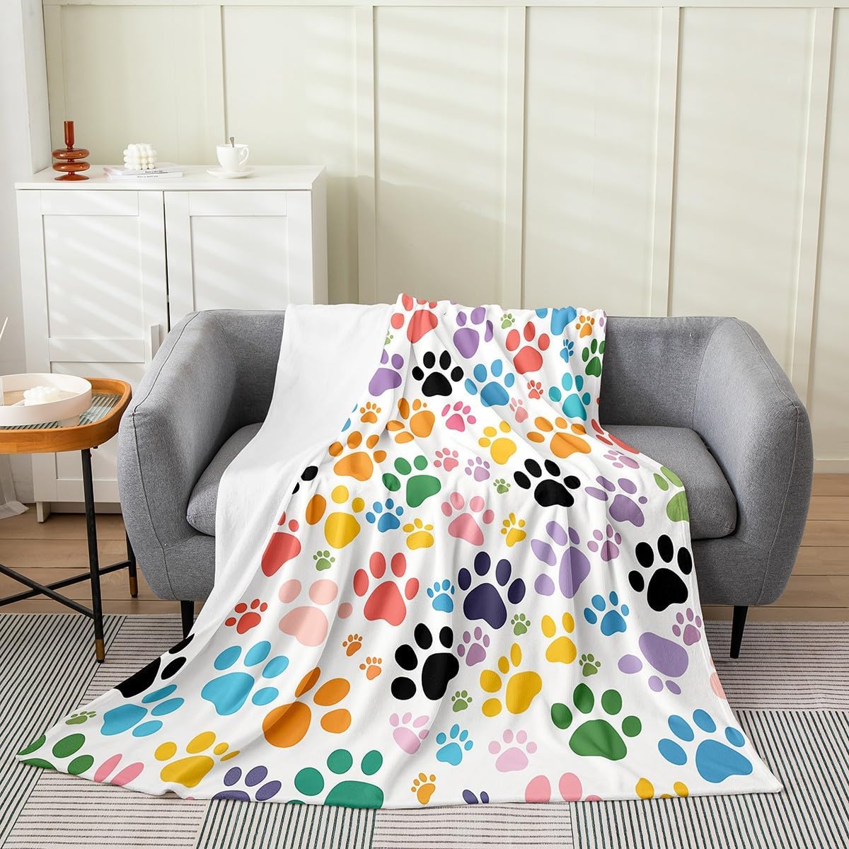 Castle Fairy Colorful Dog Paw Flannel Blanket Queen 90"x90",Puppy Dog Lover Fleece Throw Blankets for Couch Bed,Cute Pet Footprinted Fuzzy Blanket for Kids Girls Woman Teens
