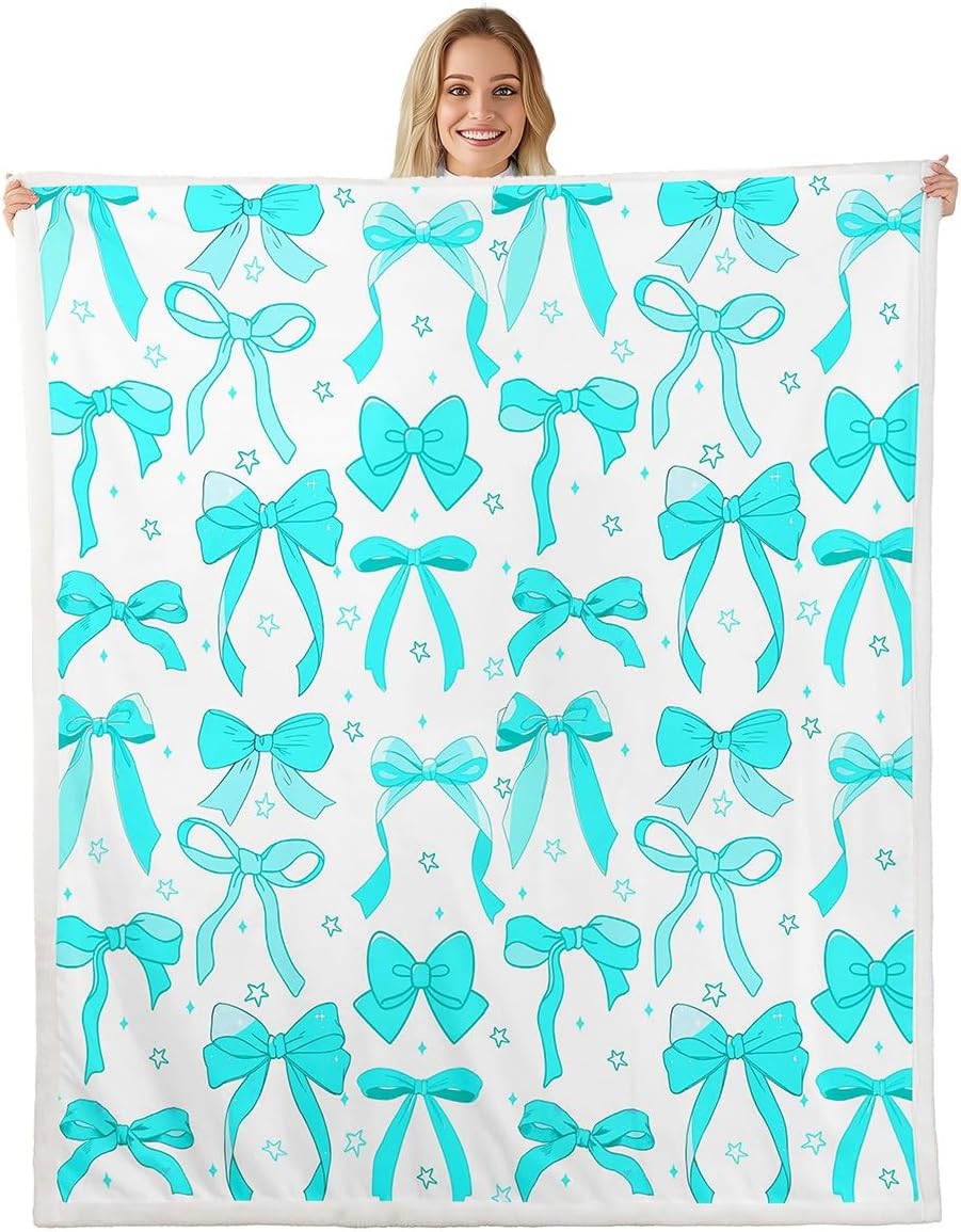 Feelyou Teal Blue Bowknot Decoration Soft Cozy Fleece Blankets 50x60 Inches for Girls Adults Watercolor Teal Bow Kids Kawaii Throw Blankets Dreamy Princess Style Fleece Flannel Throws